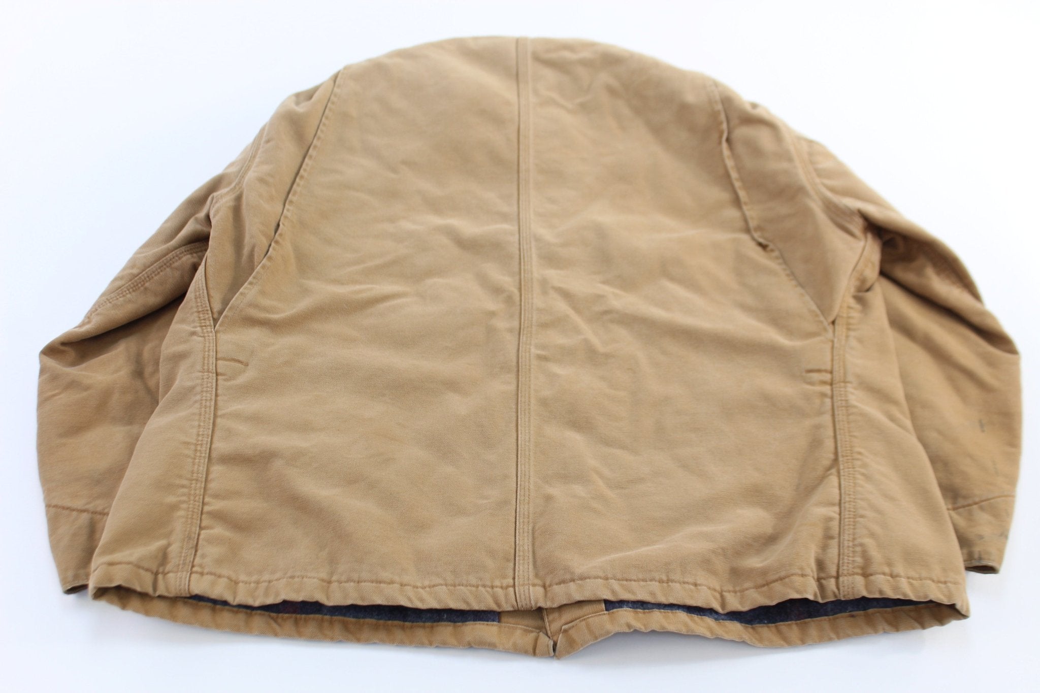 90's Carhartt Logo Patch Tan Blanket Lined Chore Jacket - ThriftedThreads.com