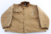90's Carhartt Logo Patch Tan Blanket Lined Chore Jacket - ThriftedThreads.com