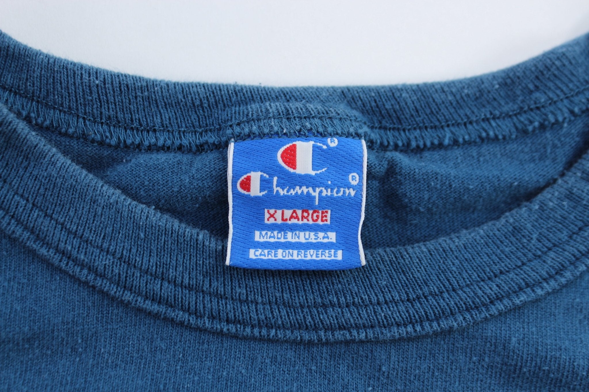 90's Champion Spellout Logo Blue T-Shirt - ThriftedThreads.com