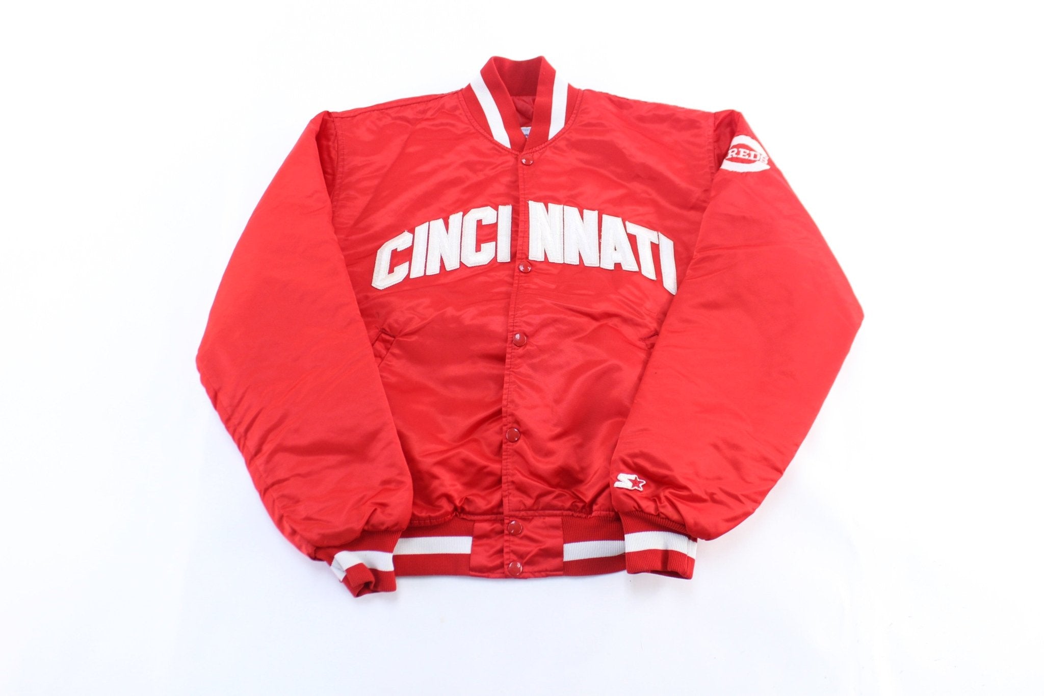 90's Cincinnati Reds Embroidered Starter Bomber Jacket - ThriftedThreads.com