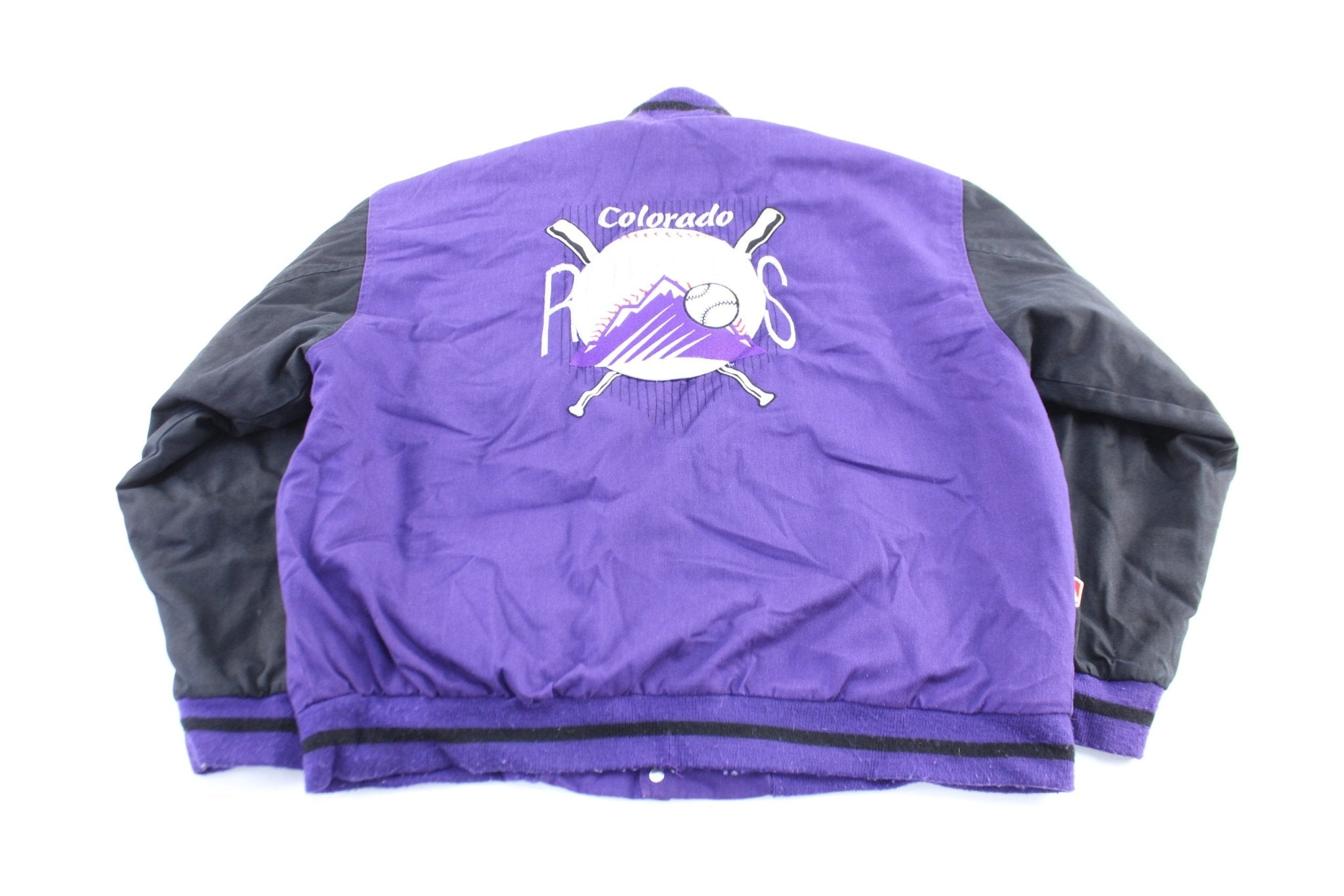 90's Colorado Rockies Embroidered Black & Purple Varsity Jacket - ThriftedThreads.com