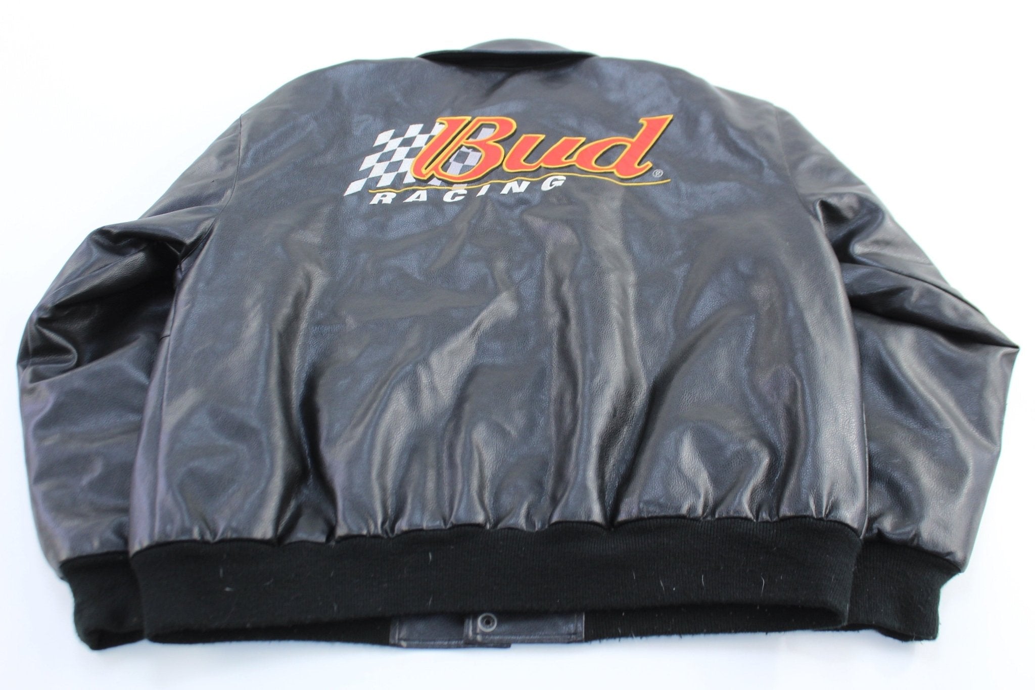90's Dale Earnhardt Jr Bud Racing Black Leather Jacket - Jackets - Thrifted Threads