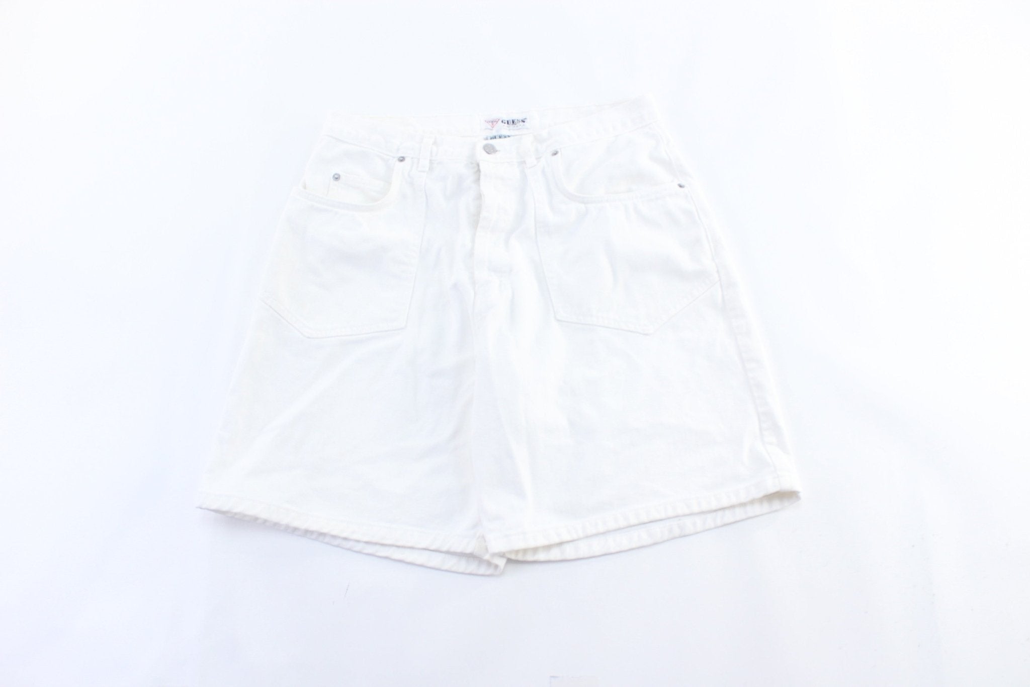 90's Guess Embroidered Logo White Denim Shorts - Pants/Shorts - Thrifted Threads