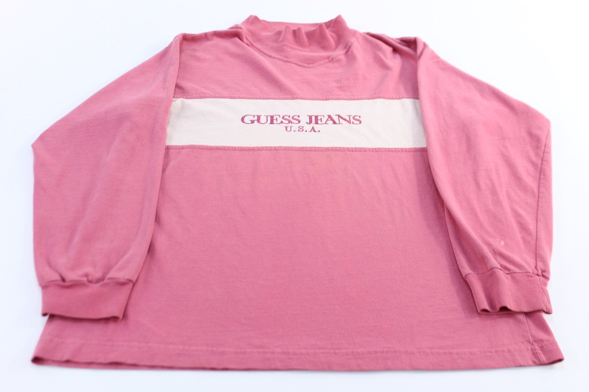 90's Guess Jeans USA Embroidered Pink & White LS T-Shirt - ThriftedThreads.com
