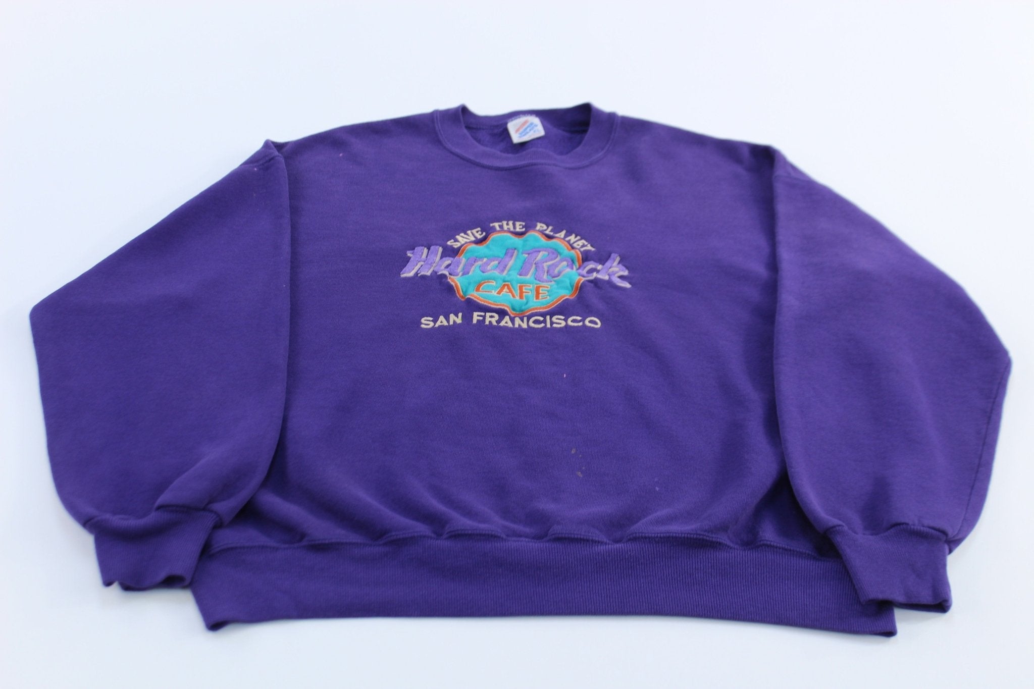 90's Hard Rock Cafe Embroidered Purple San Francisco Sweatshirt - ThriftedThreads.com