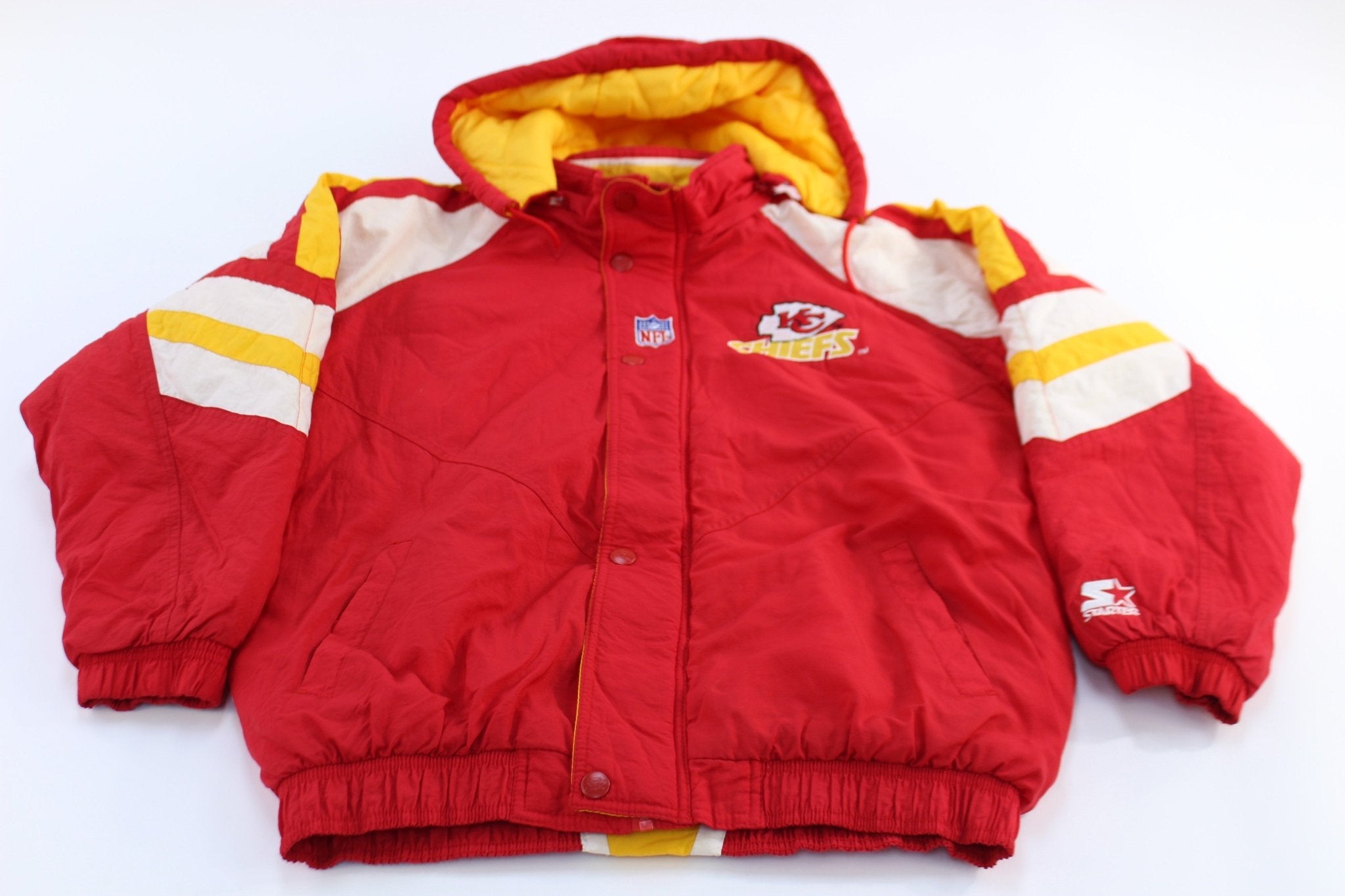90's Kansas City Chiefs Embroidered Starter Hooded Jacket - ThriftedThreads.com