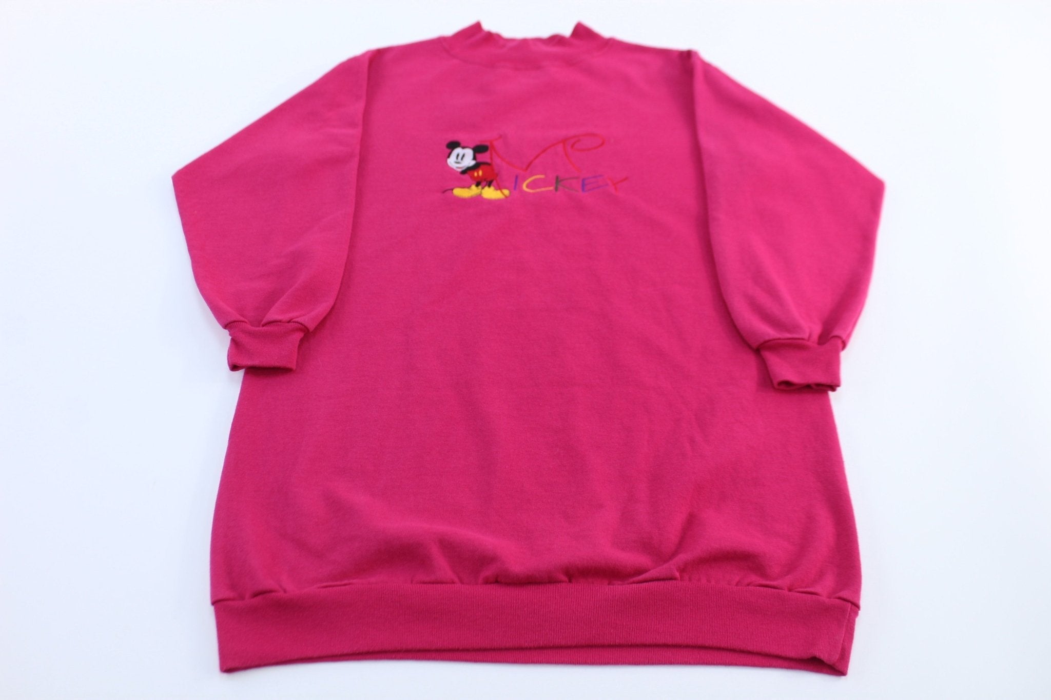 90's Mickey Mouse Embroidered Pink Sleep Sweatshirt - Sweatshirts - Thrifted Threads