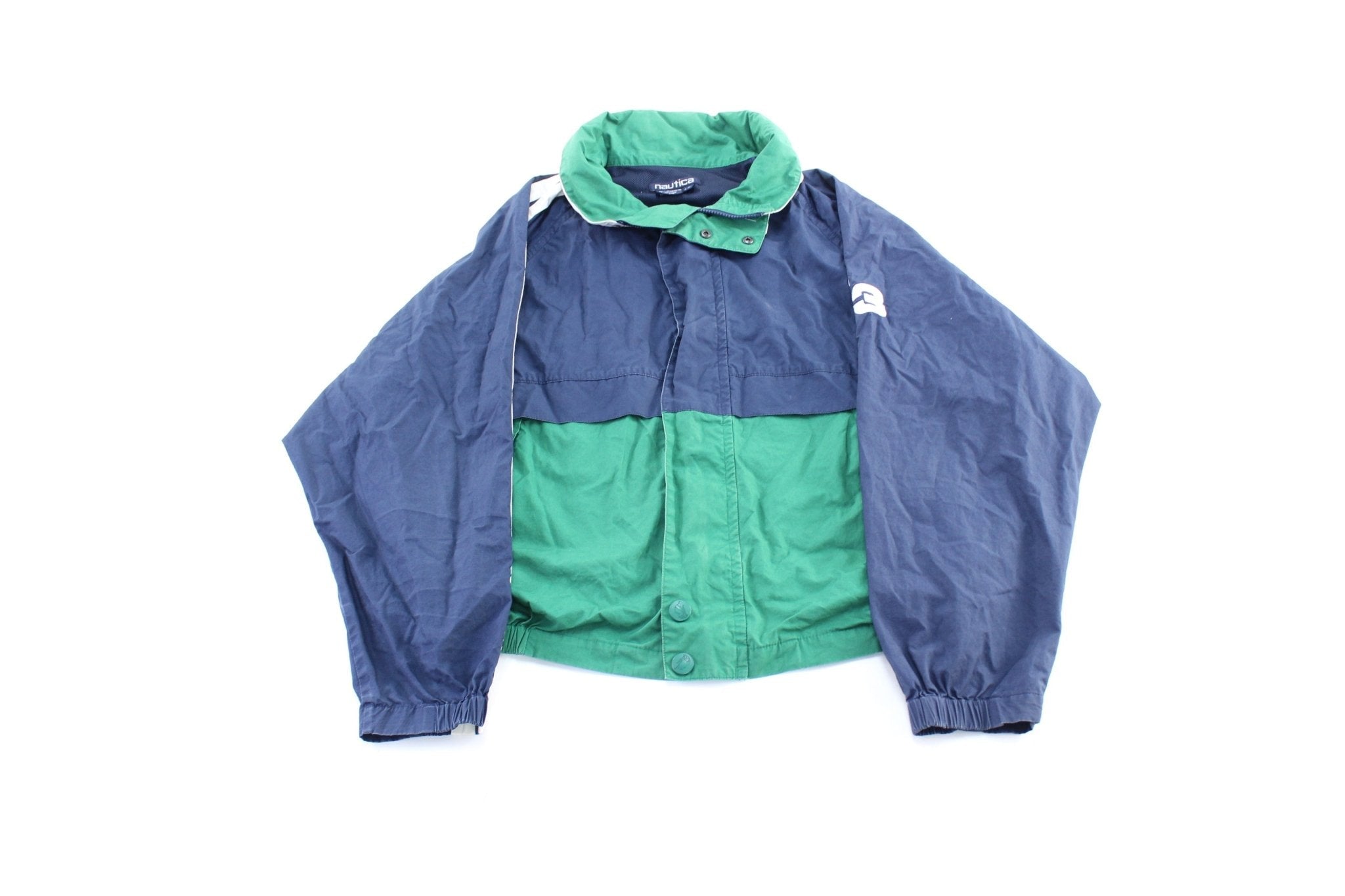 90's Nautica Embroidered Logo Blue, Green, & White Sailing Zip Up Jacket - Jacket - Thrifted Threads