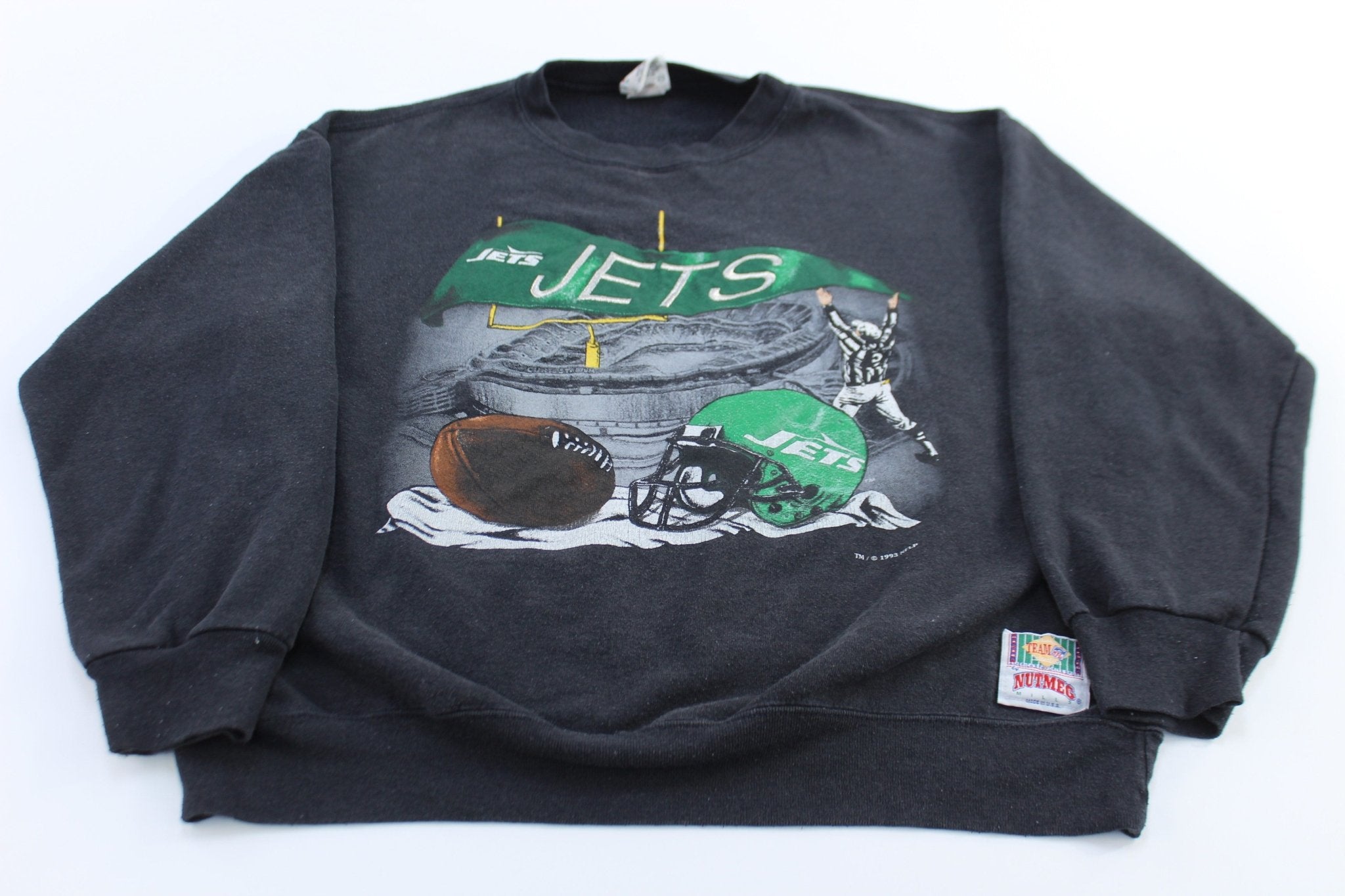 90's New York Jets Football Nutmeg Graphic Sweatshirt - ThriftedThreads.com