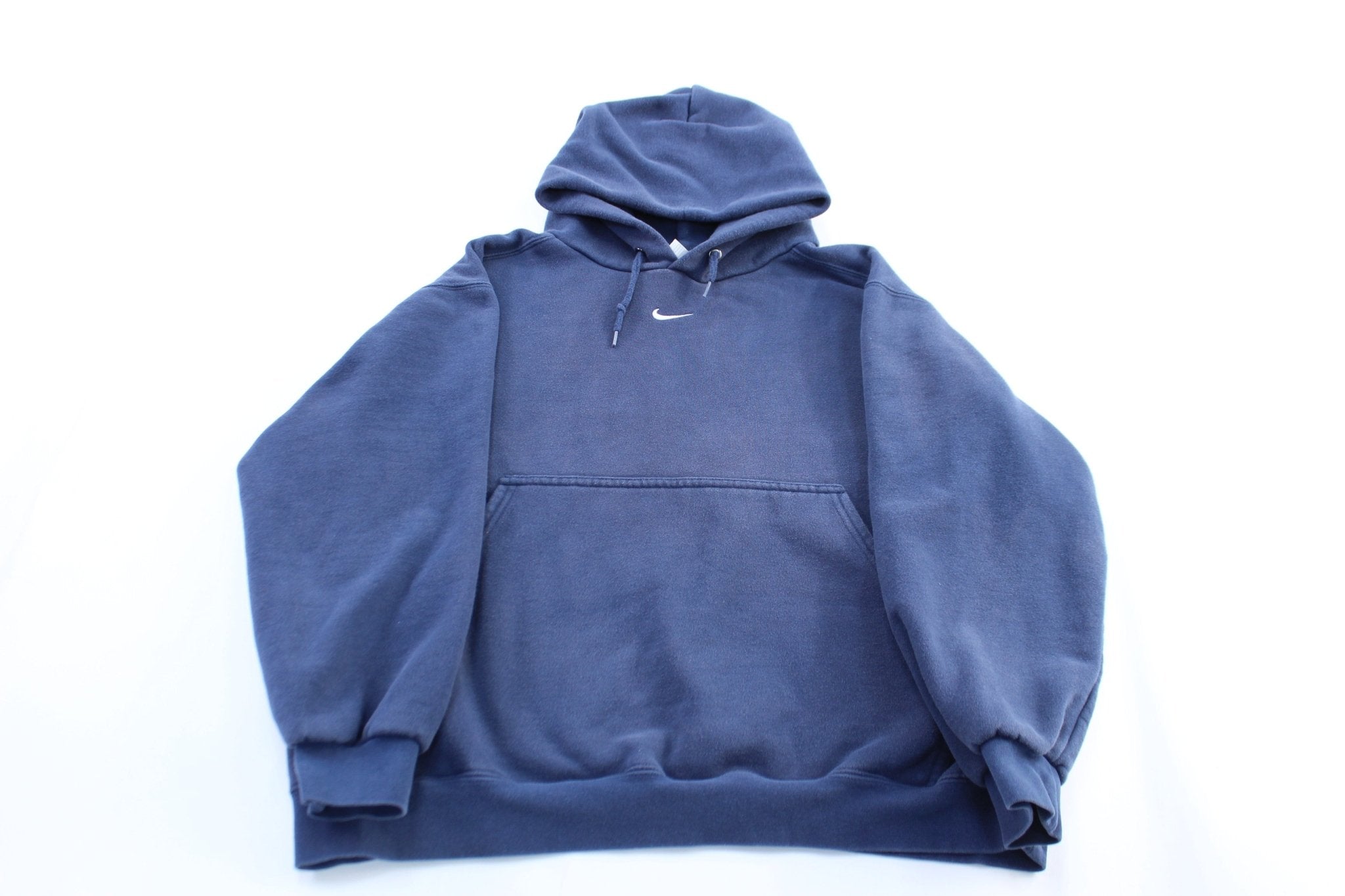 90's Nike Embroidered Swoosh Logo Blue Pullover Hoodie - ThriftedThreads.com