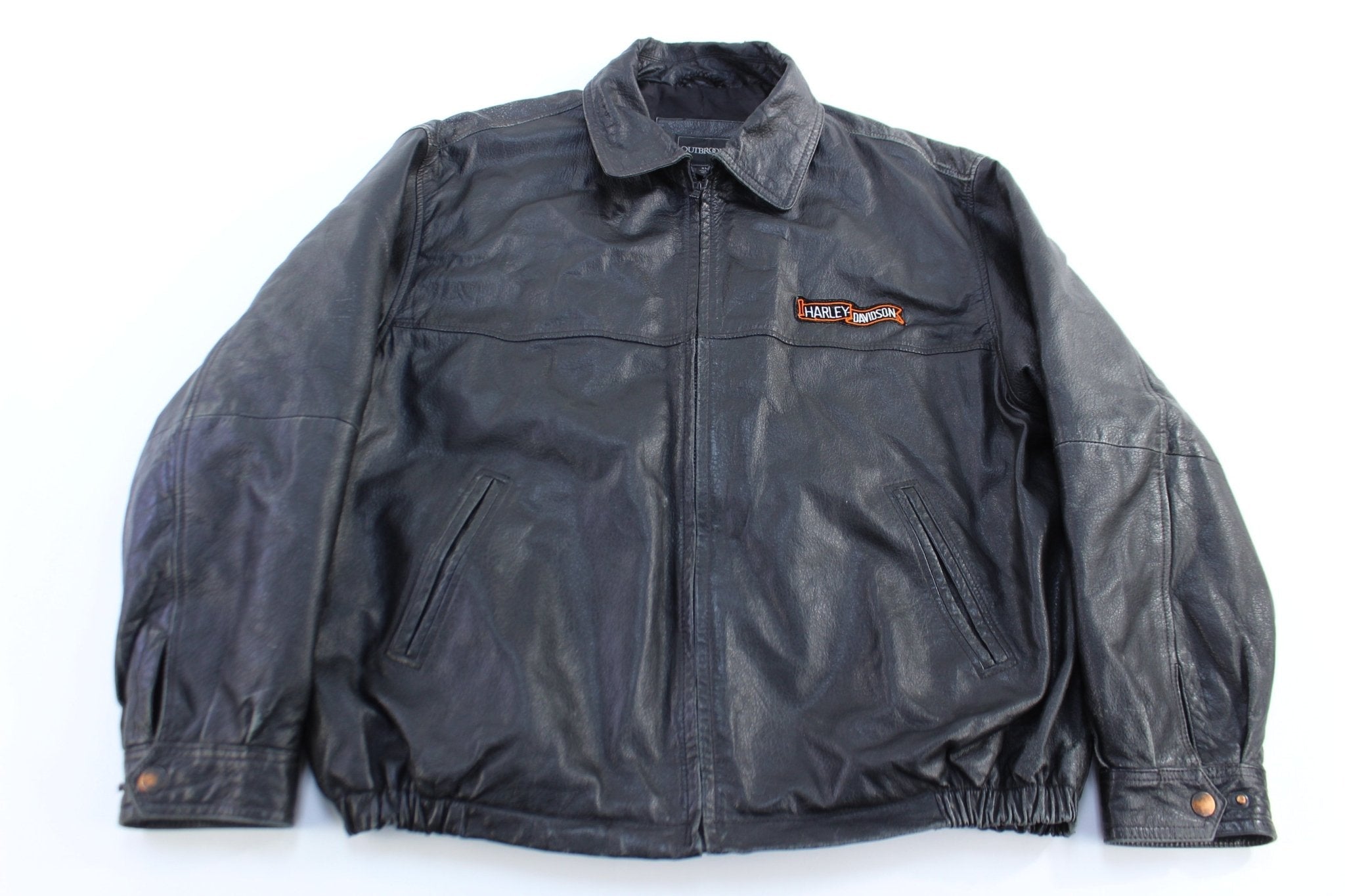 90's Outbrook Black Full Zip Leather Jacket w/ Harley Davidson Patches - Jacket - Thrifted Threads