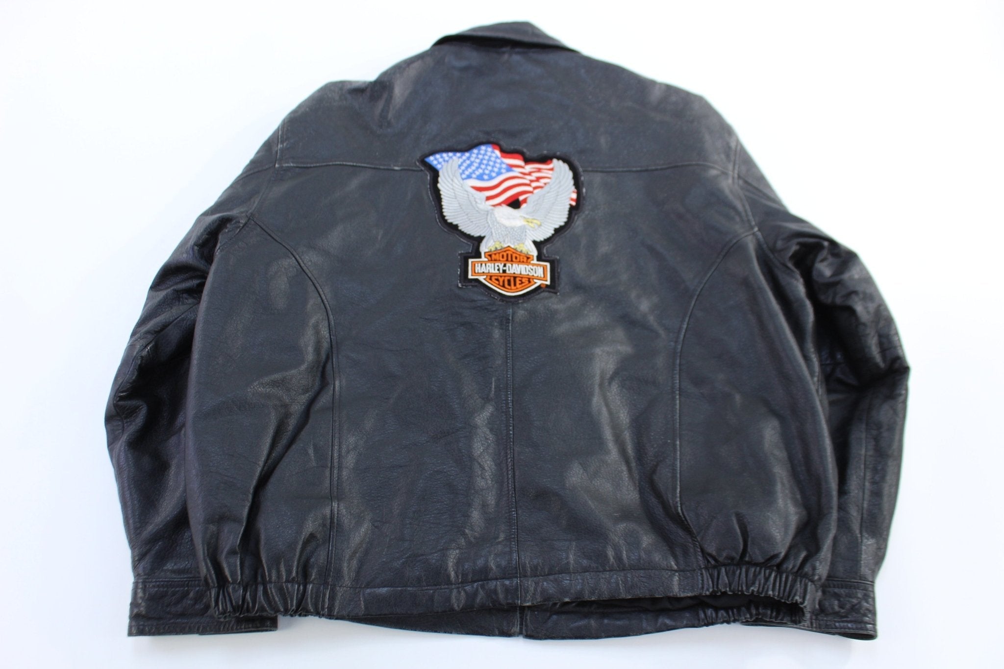 90's Outbrook Black Full Zip Leather Jacket w/ Harley Davidson Patches - Jacket - Thrifted Threads
