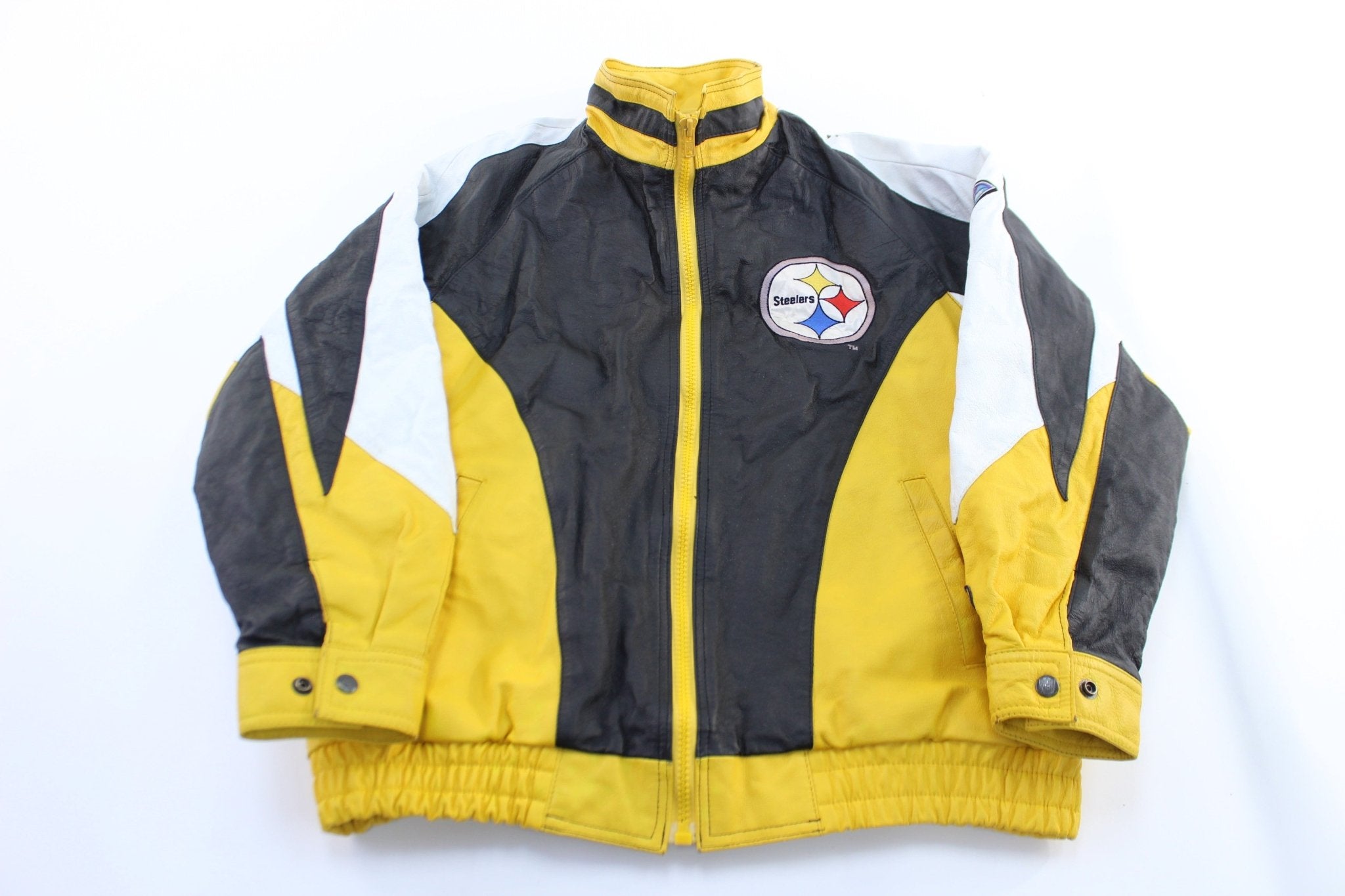 90's Pittsburgh Steelers Embroidered Pro Player Leather Jacket - ThriftedThreads.com