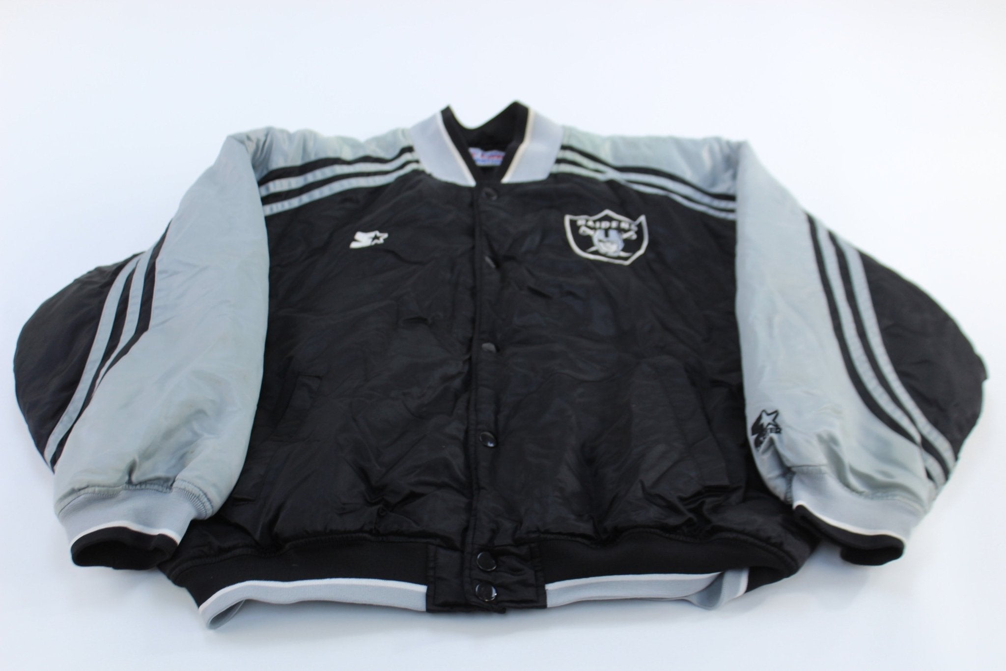 90's Raiders Football Embroidered Starter Bomber Jacket - ThriftedThreads.com
