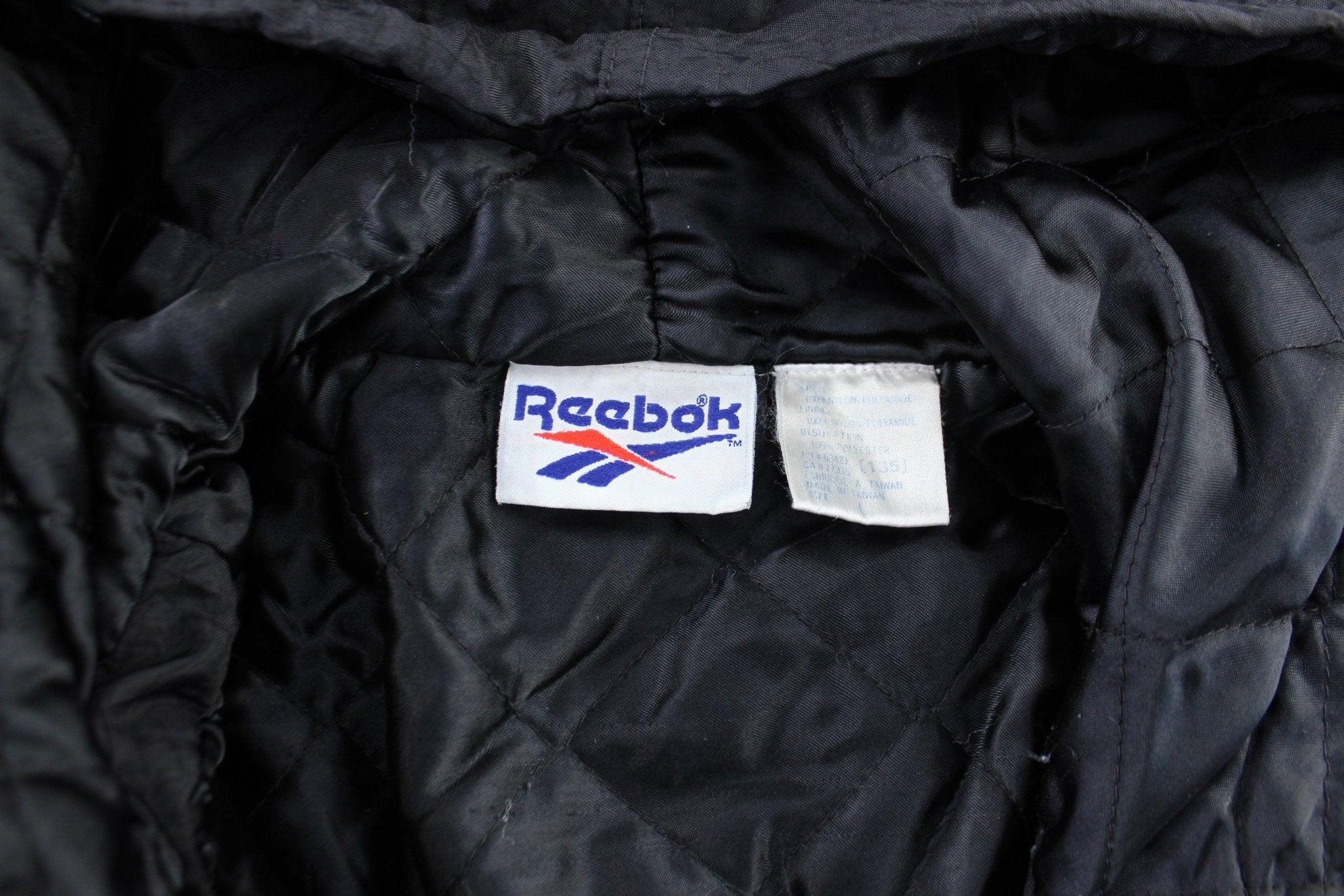 90's Reebok Embroidered Logo Black, Blue, & White Zip Up Jacket - ThriftedThreads.com