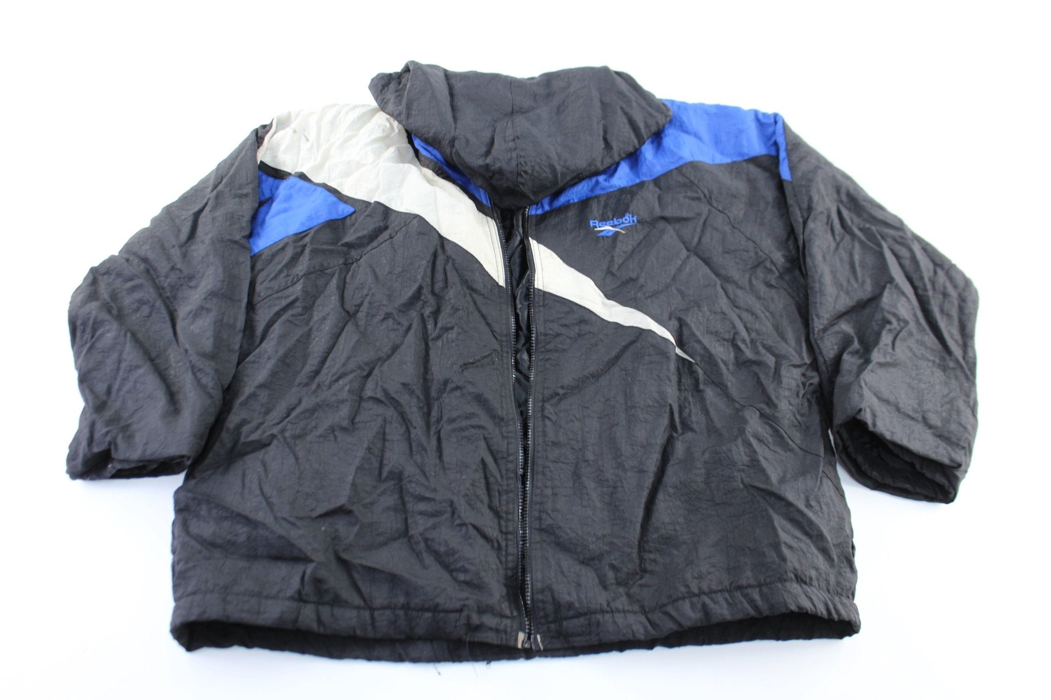 90's Reebok Embroidered Logo Black, Blue, & White Zip Up Jacket - ThriftedThreads.com
