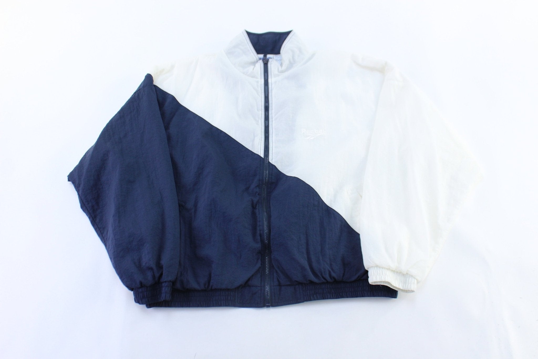 90's Reebok Embroidered Logo Blue & White Slip Zip Up Jacket - Jacket - Thrifted Threads