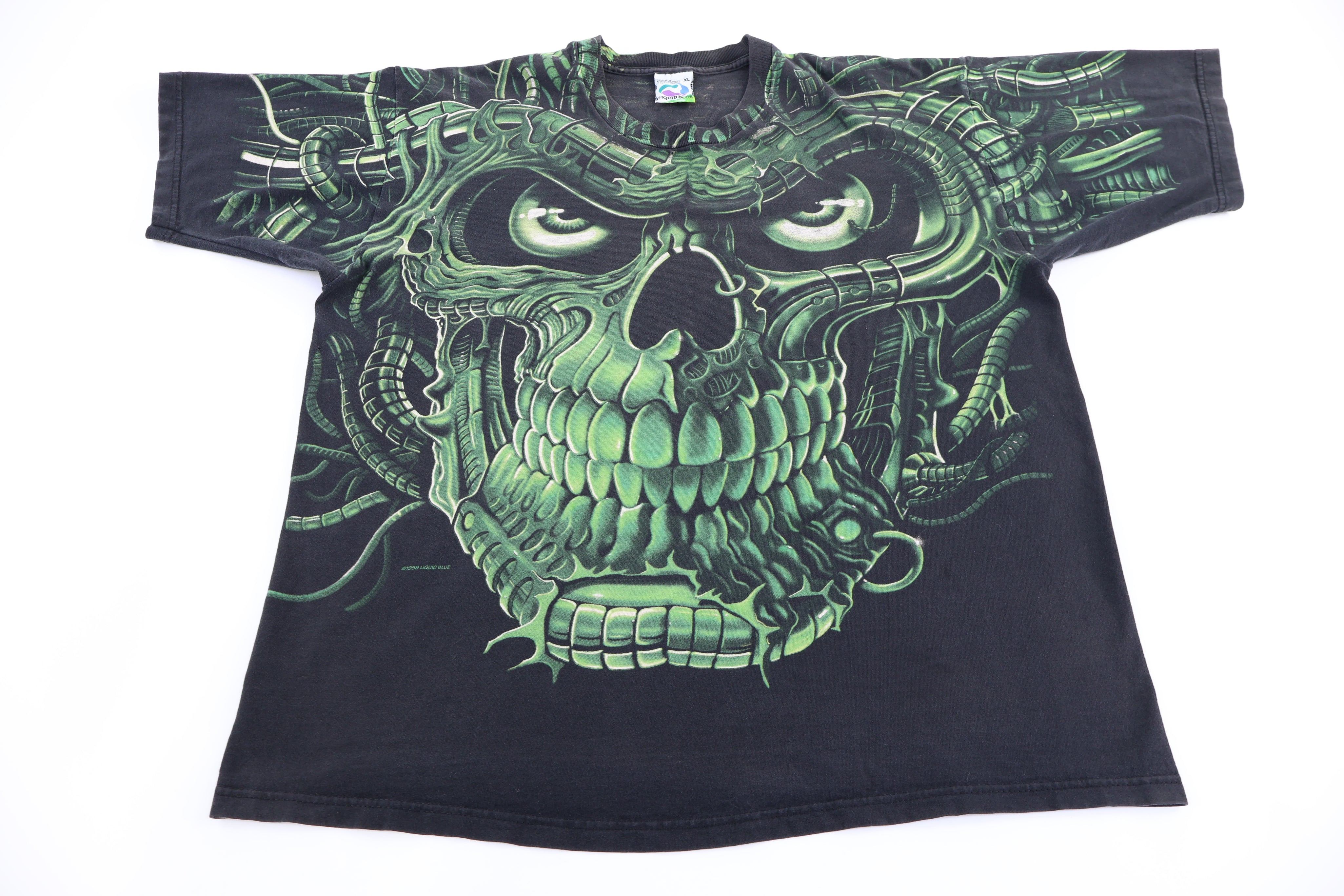 90's Terminator Skull Liquid Blue All Over Graphic T-shirt - Shirts & Tops - Thrifted Threads