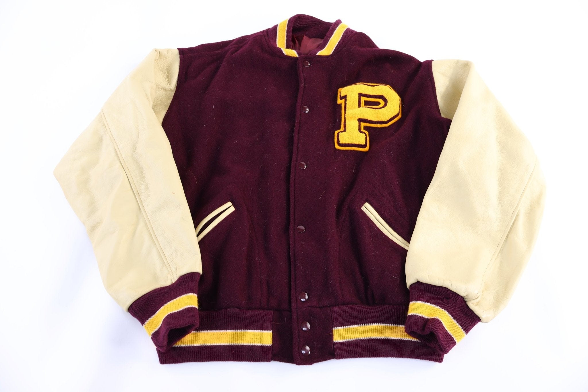 90's TM Athletics Maroon & Cream Varsity Jacket - Jacket - Thrifted Threads