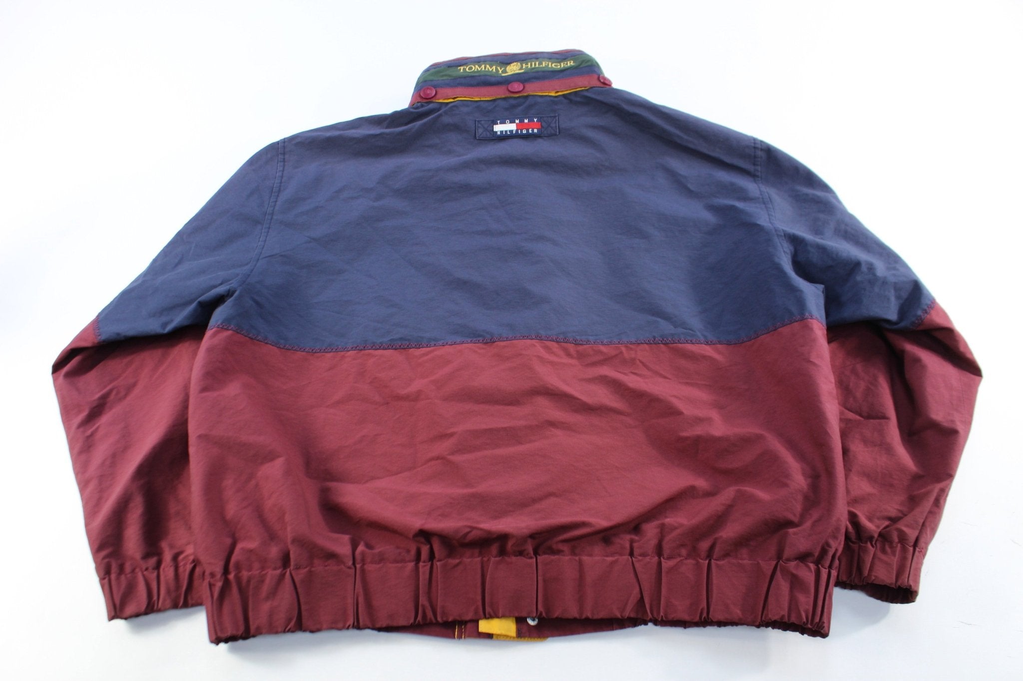 90's Tommy Hilfiger Logo Patch Navy Blue & Burgundy Zip Up Jacket - ThriftedThreads.com