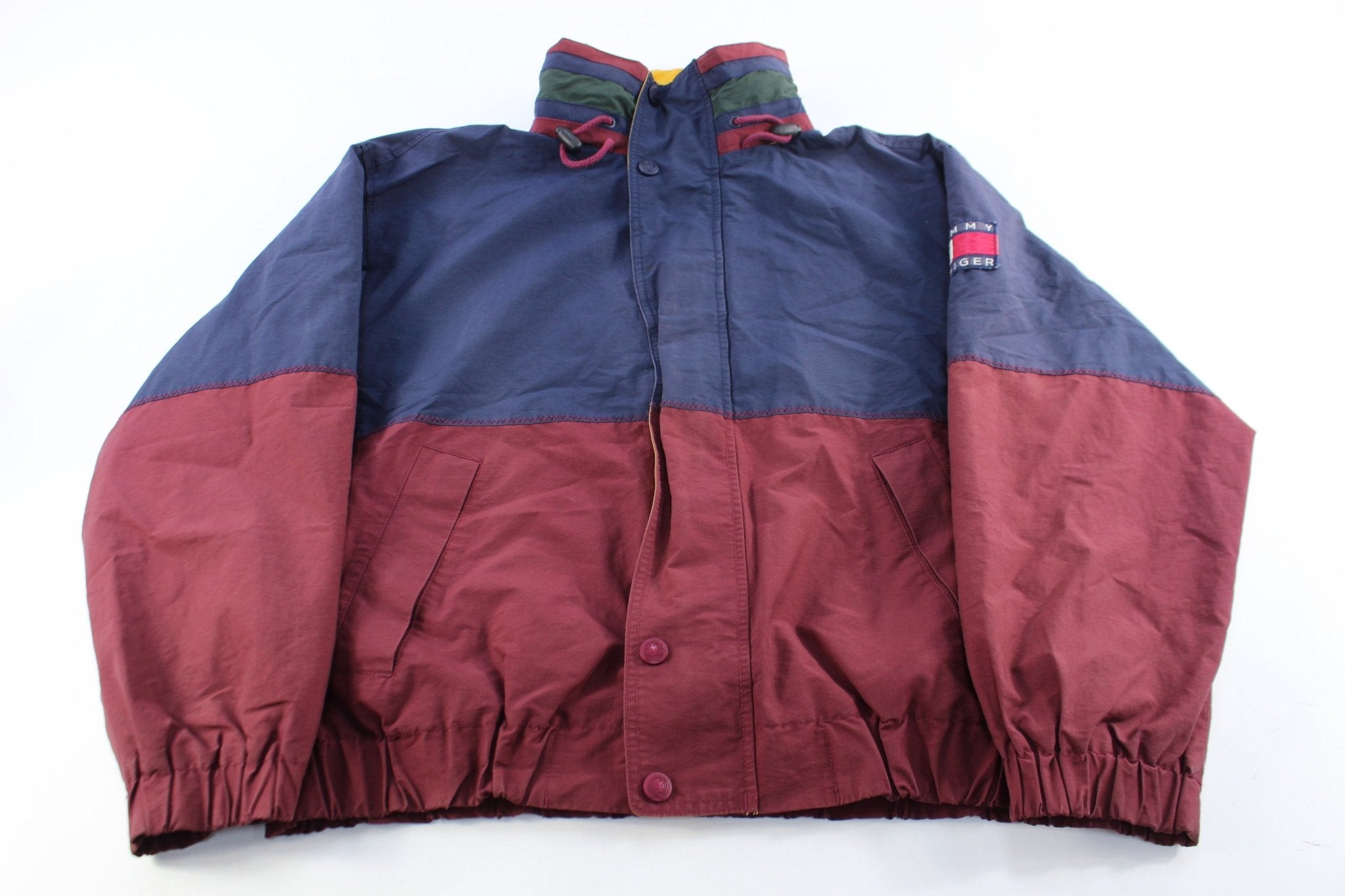 90's Tommy Hilfiger Logo Patch Navy Blue & Burgundy Zip Up Jacket - ThriftedThreads.com