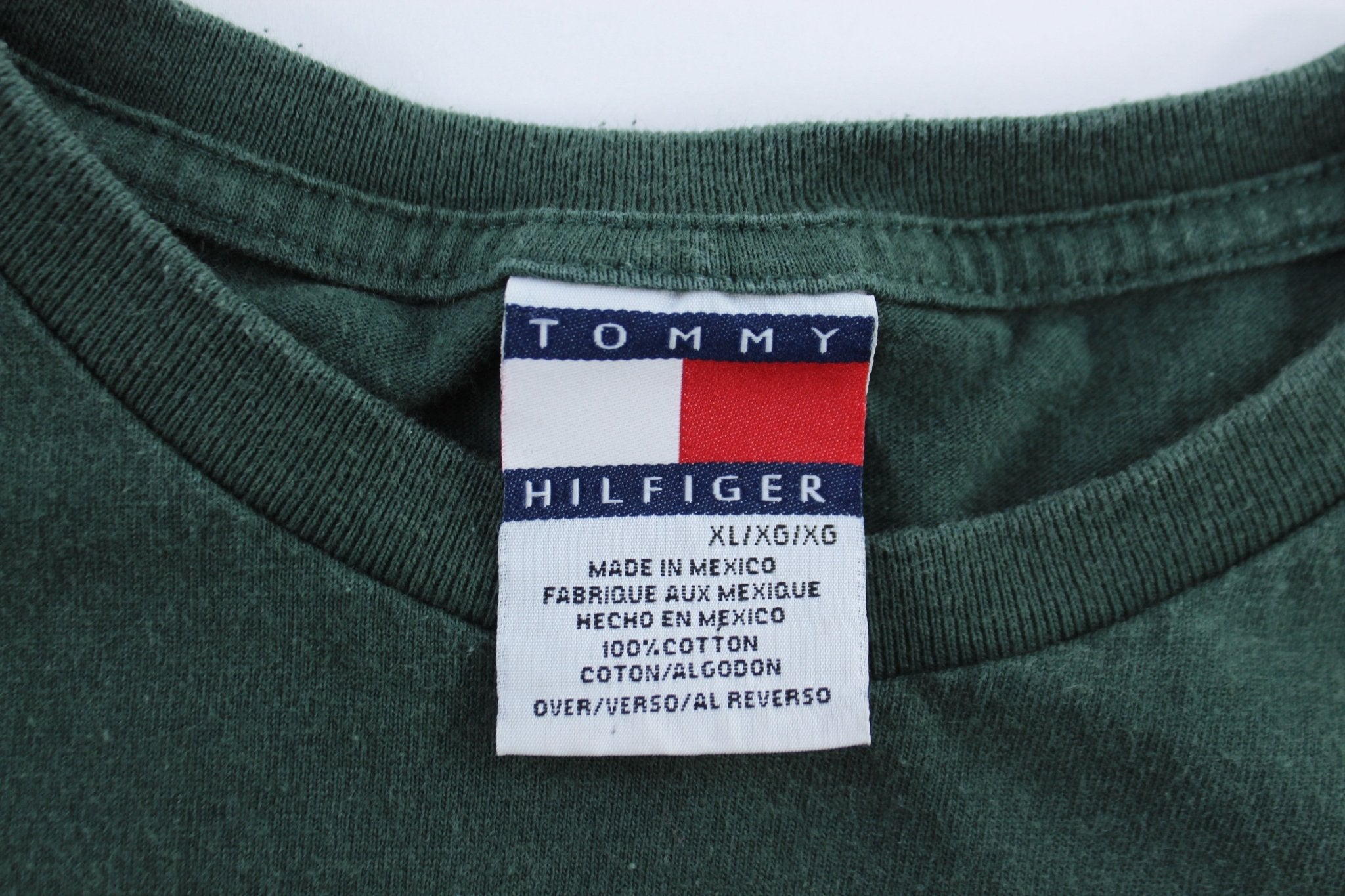 90's Tommy Hilfiger USA Big Flag Green T-Shirt - ThriftedThreads.com
