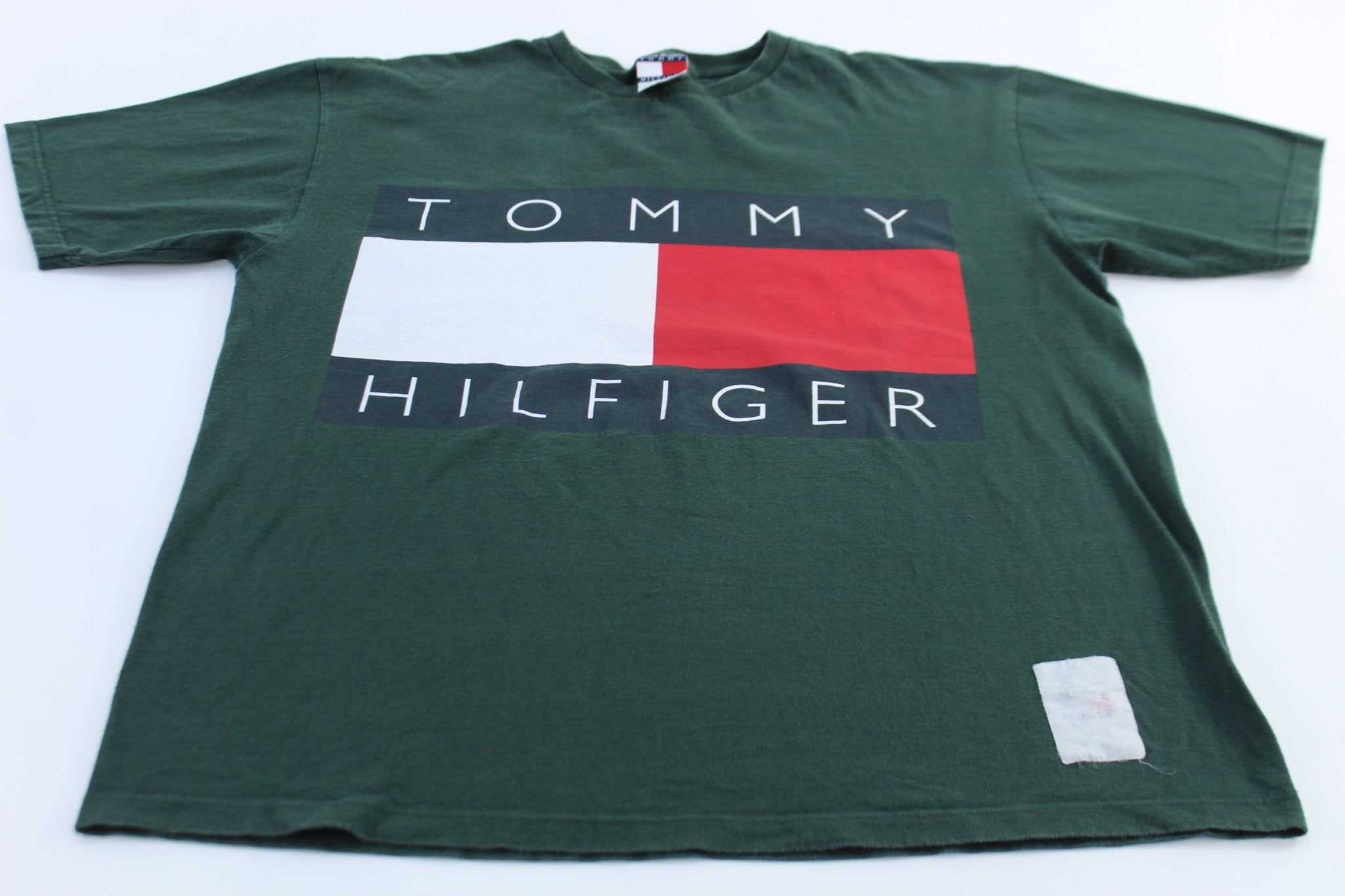 90's Tommy Hilfiger USA Big Flag Green T-Shirt - ThriftedThreads.com