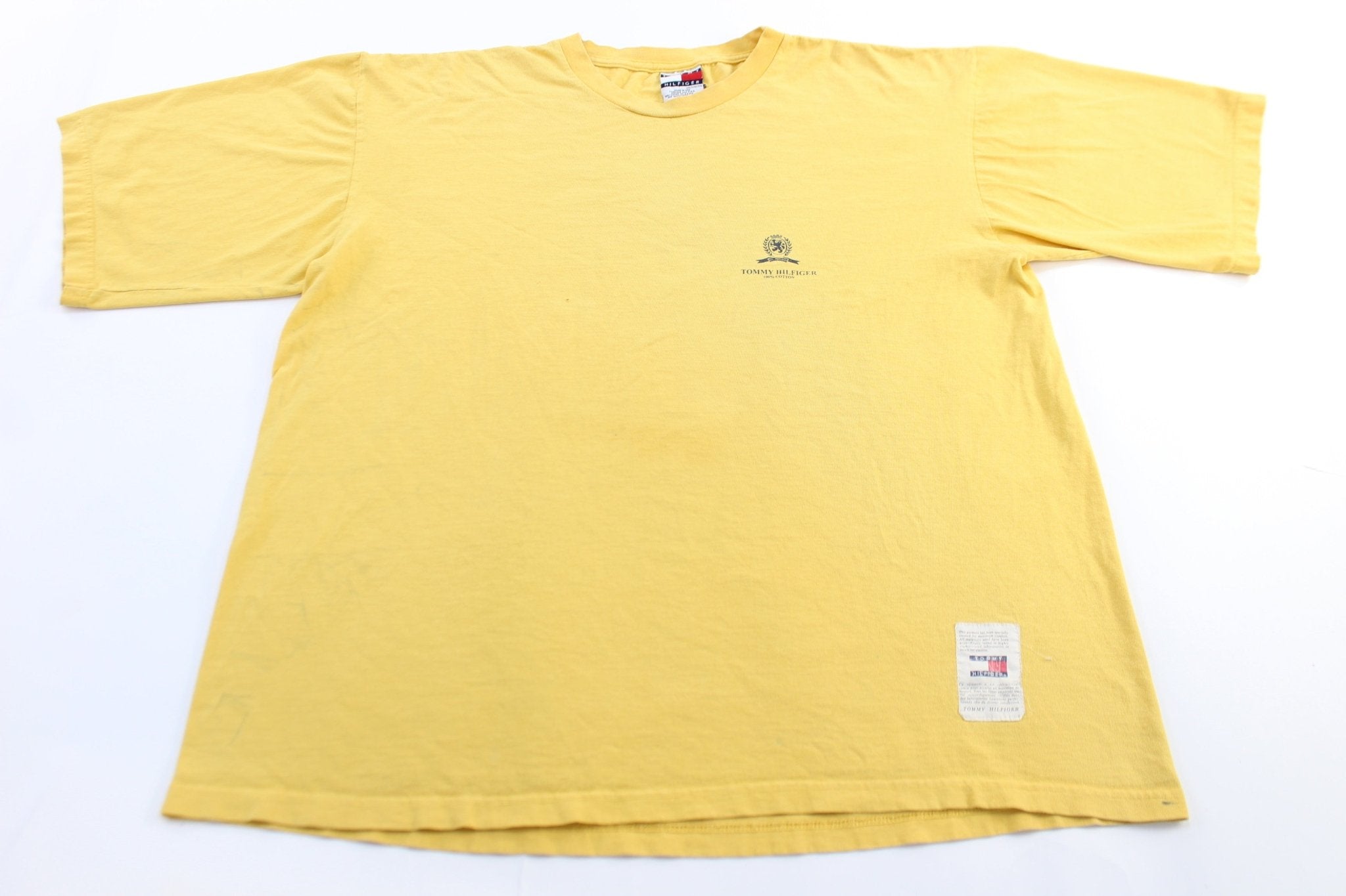 90's Tommy Hiliger Crest Logo Yellow T-Shirt - ThriftedThreads.com