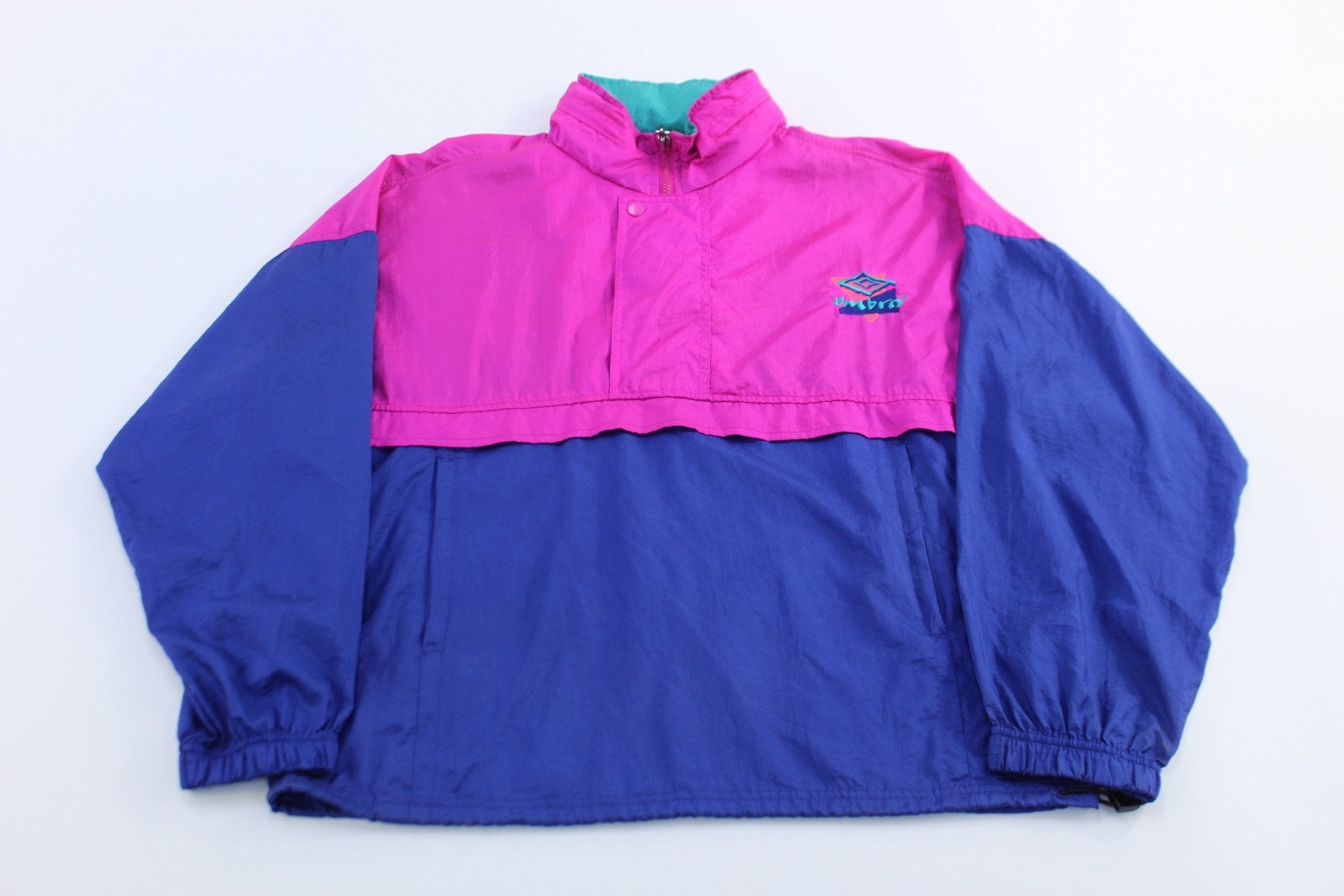 90's Umbro Embroidered Logo Blue & Pink Pullover Jacket - ThriftedThreads.com