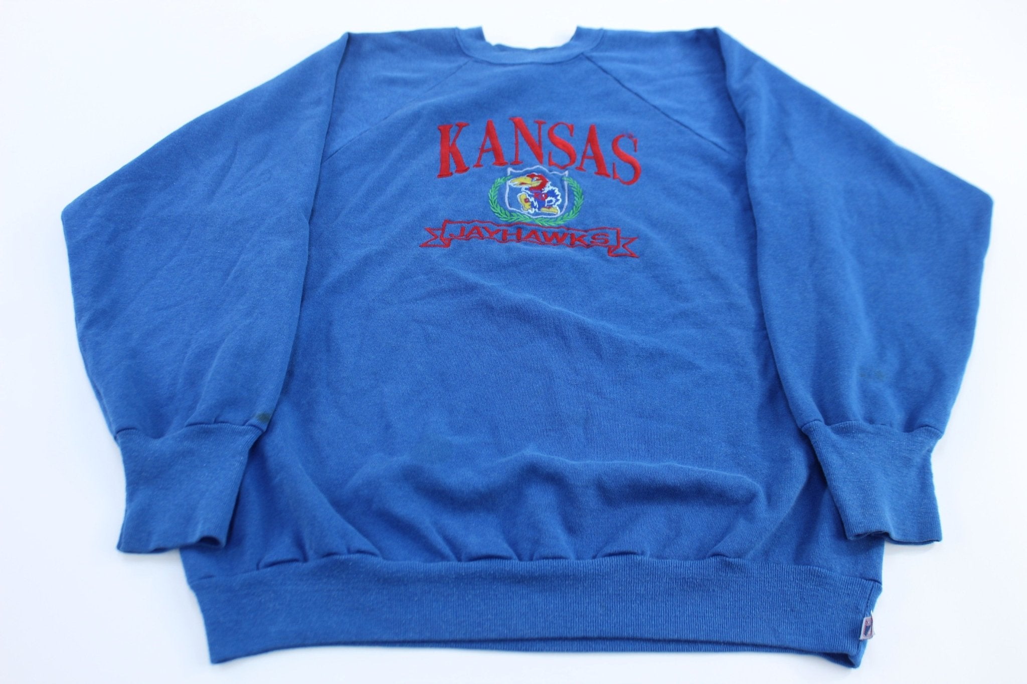 90's University of Kansas Jayhawks Embroidered Logo 7 Sweatshirt - ThriftedThreads.com