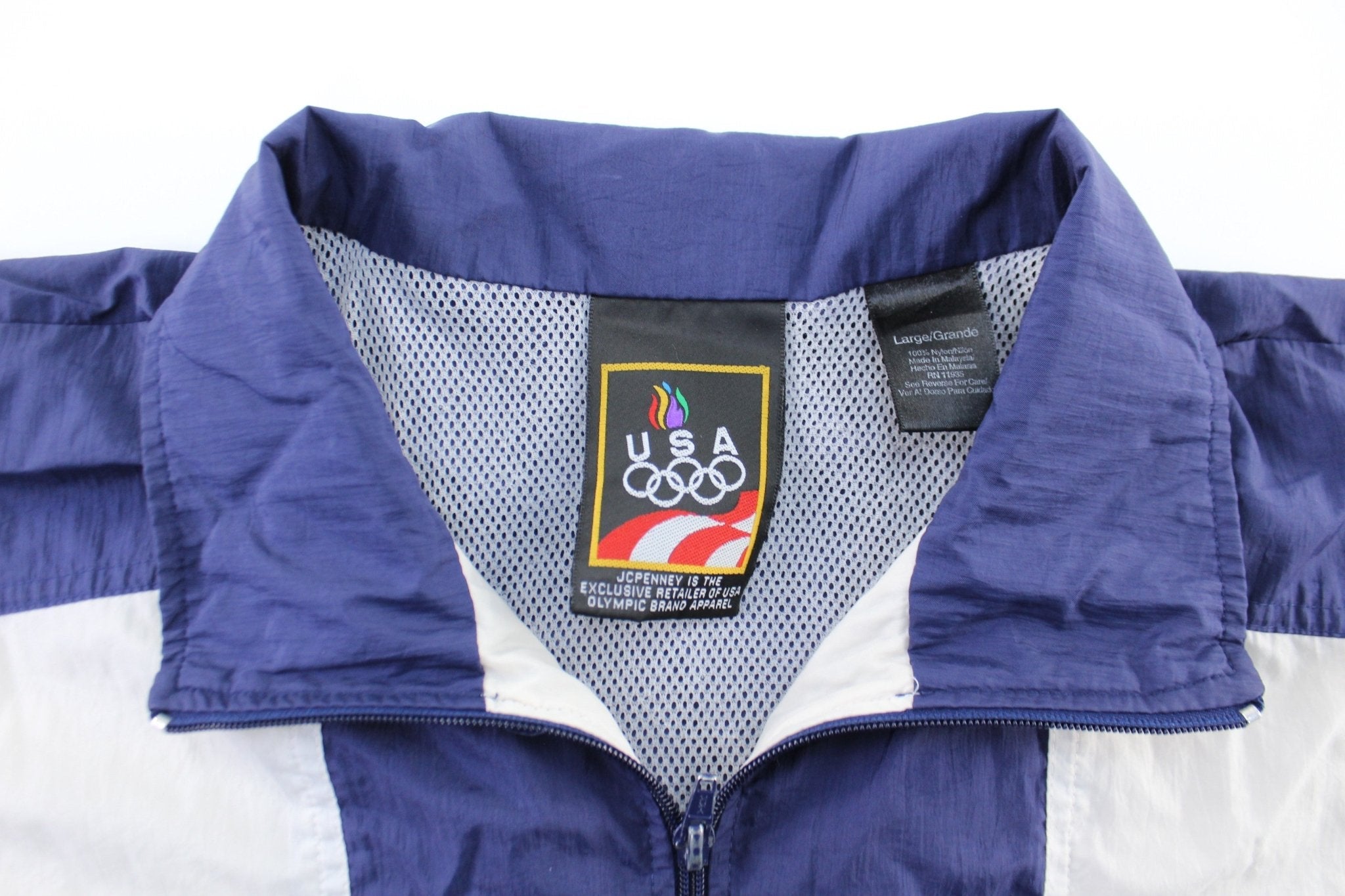 90's USA Olympic Embroidered Logo Navy, White, & Yellow Zip Up Jacket - Jacket - Thrifted Threads