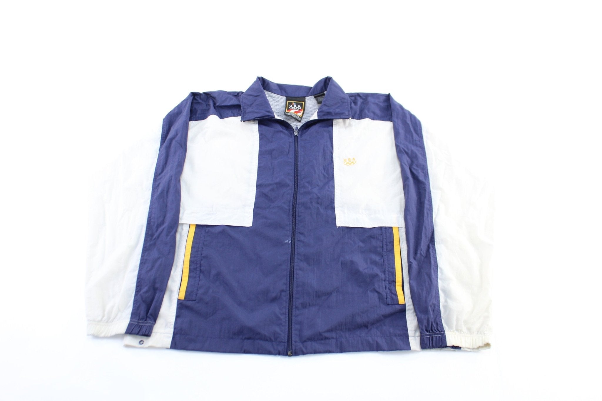 90's USA Olympic Embroidered Logo Navy, White, & Yellow Zip Up Jacket - Jacket - Thrifted Threads