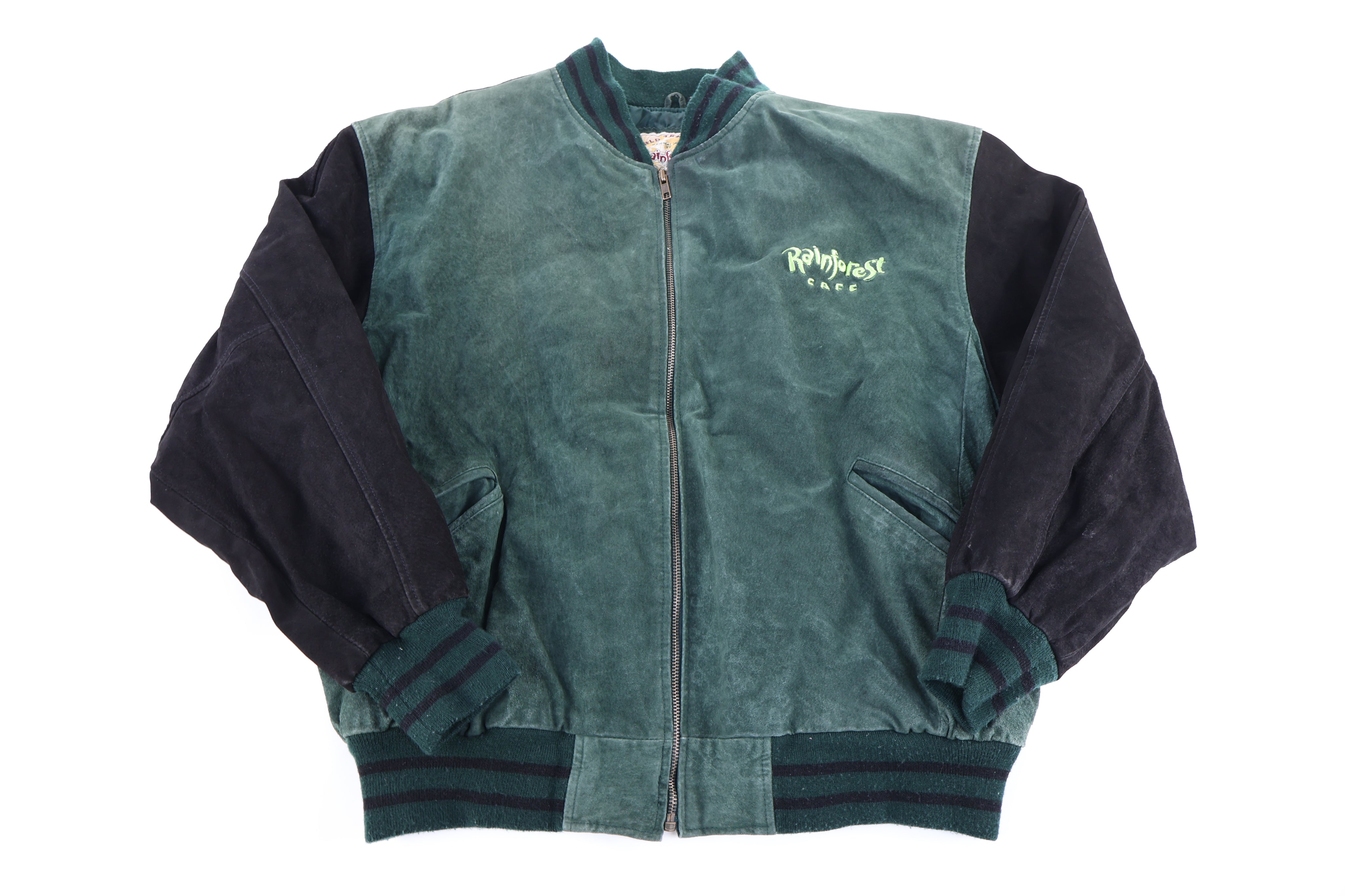 90's Rainforest Cafe Black & Green Leather Suede Jacket