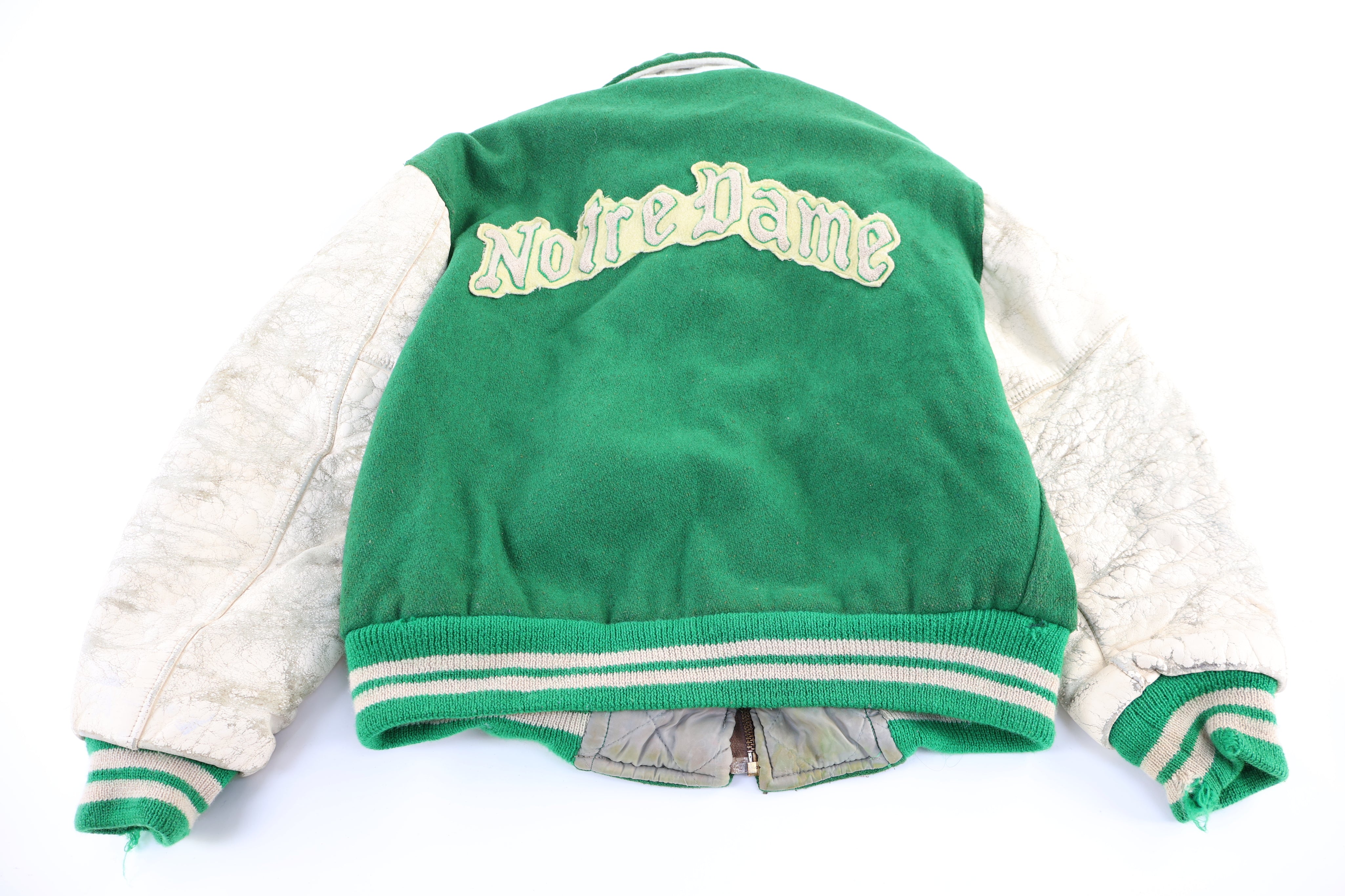 70's Univeristy of Notre Dame White & Green Full Zip Varsity Jacket