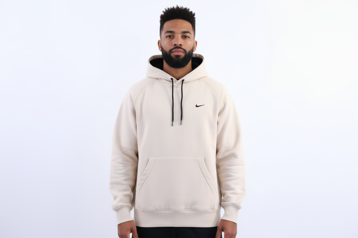 Vintage Nike Embroidered Logo Cream Pullover Hoodie