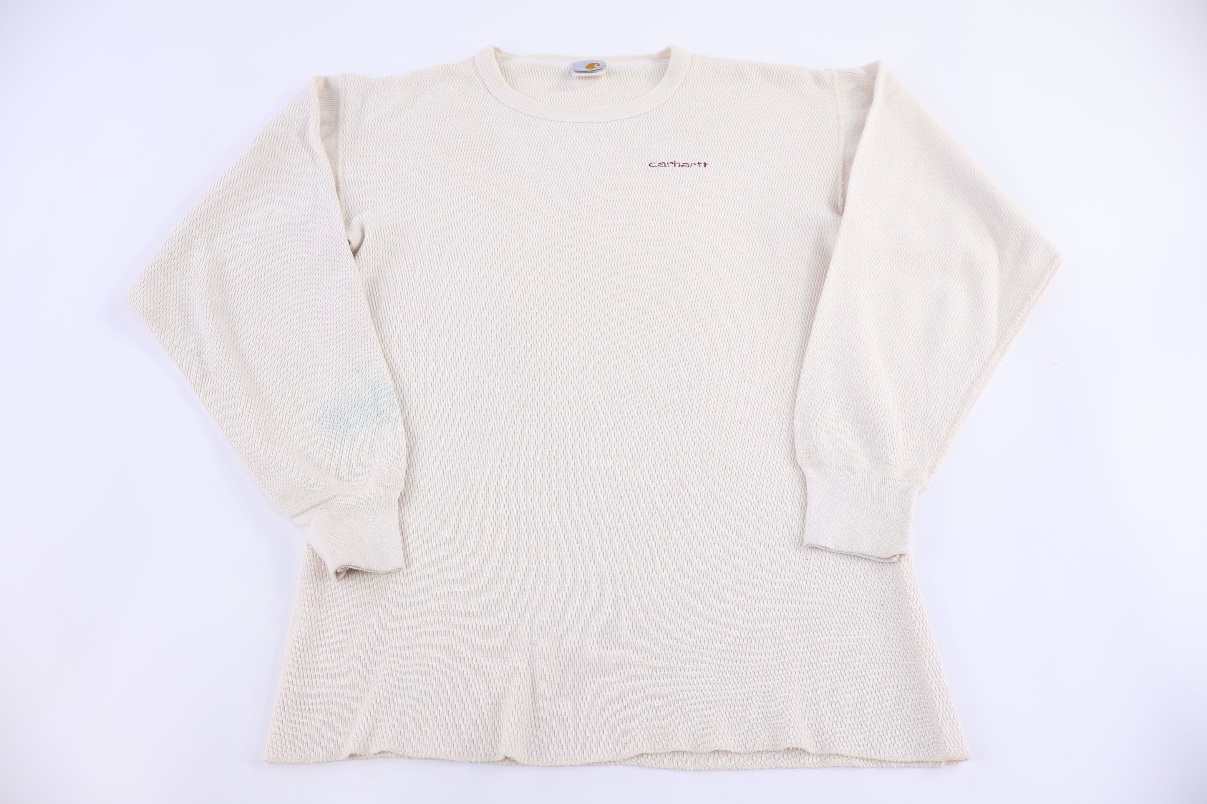 90's Carhartt Embroidered Logo Cream Thermal LS T-shirt