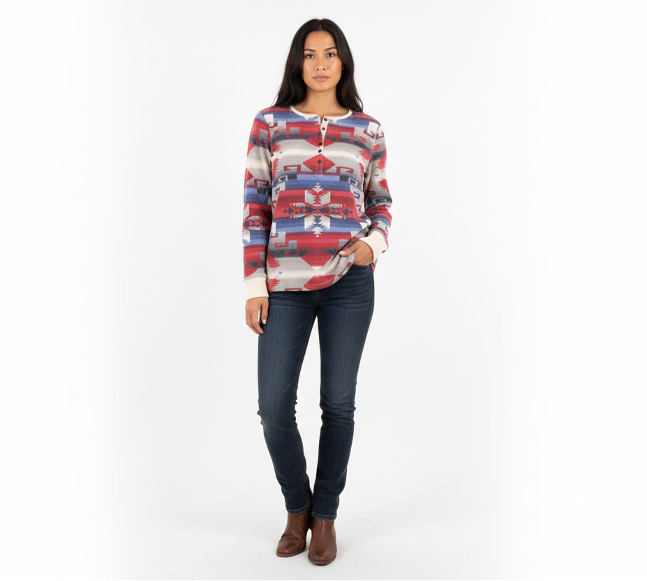 Women's Lauren Ralph Lauren Aztec Pattern LS Henley T-shirt