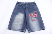 Focus Embroidered Baggy Denim Shorts