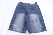 Focus Embroidered Baggy Denim Shorts