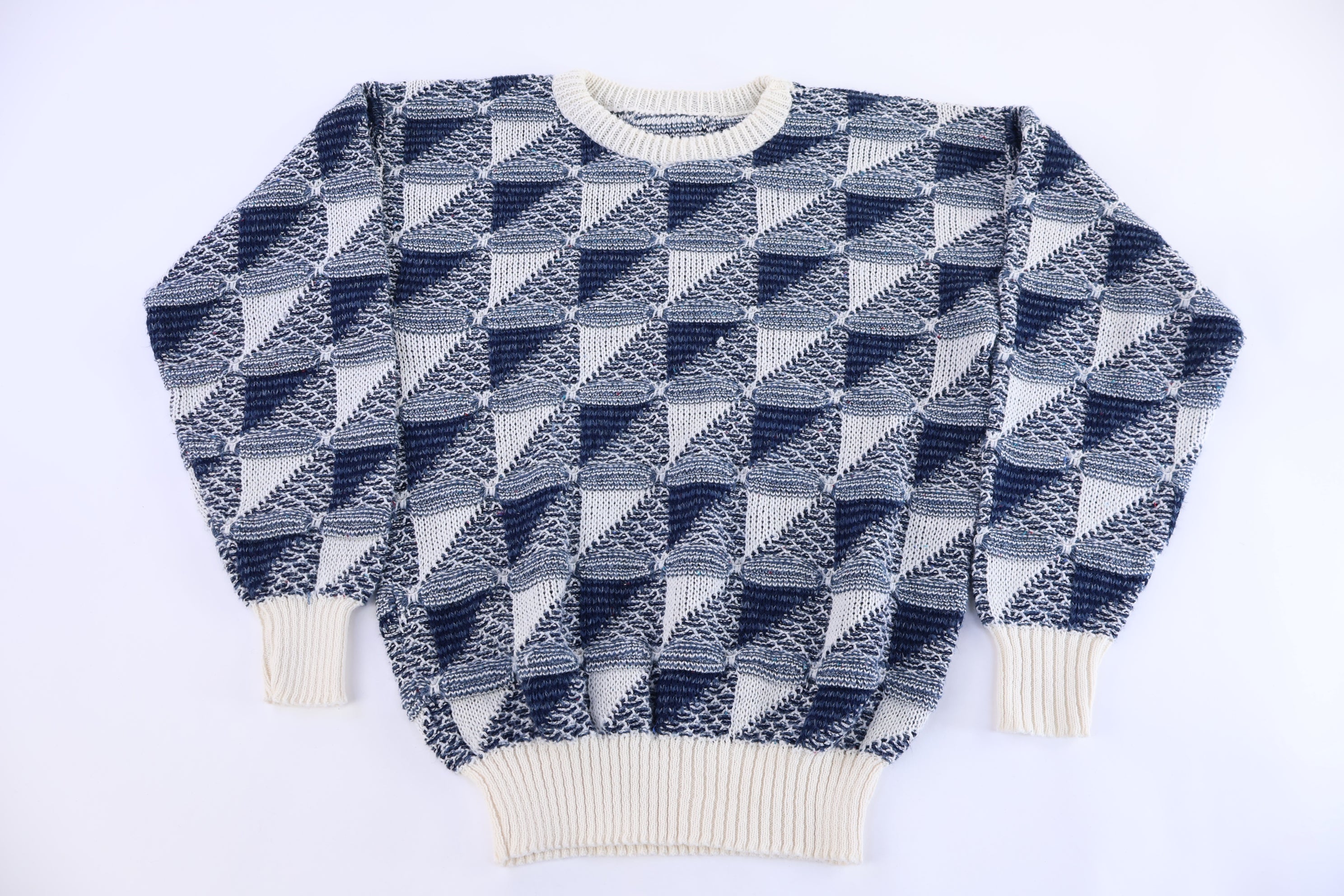 90's Blue & White Multipattern Knit Sweater
