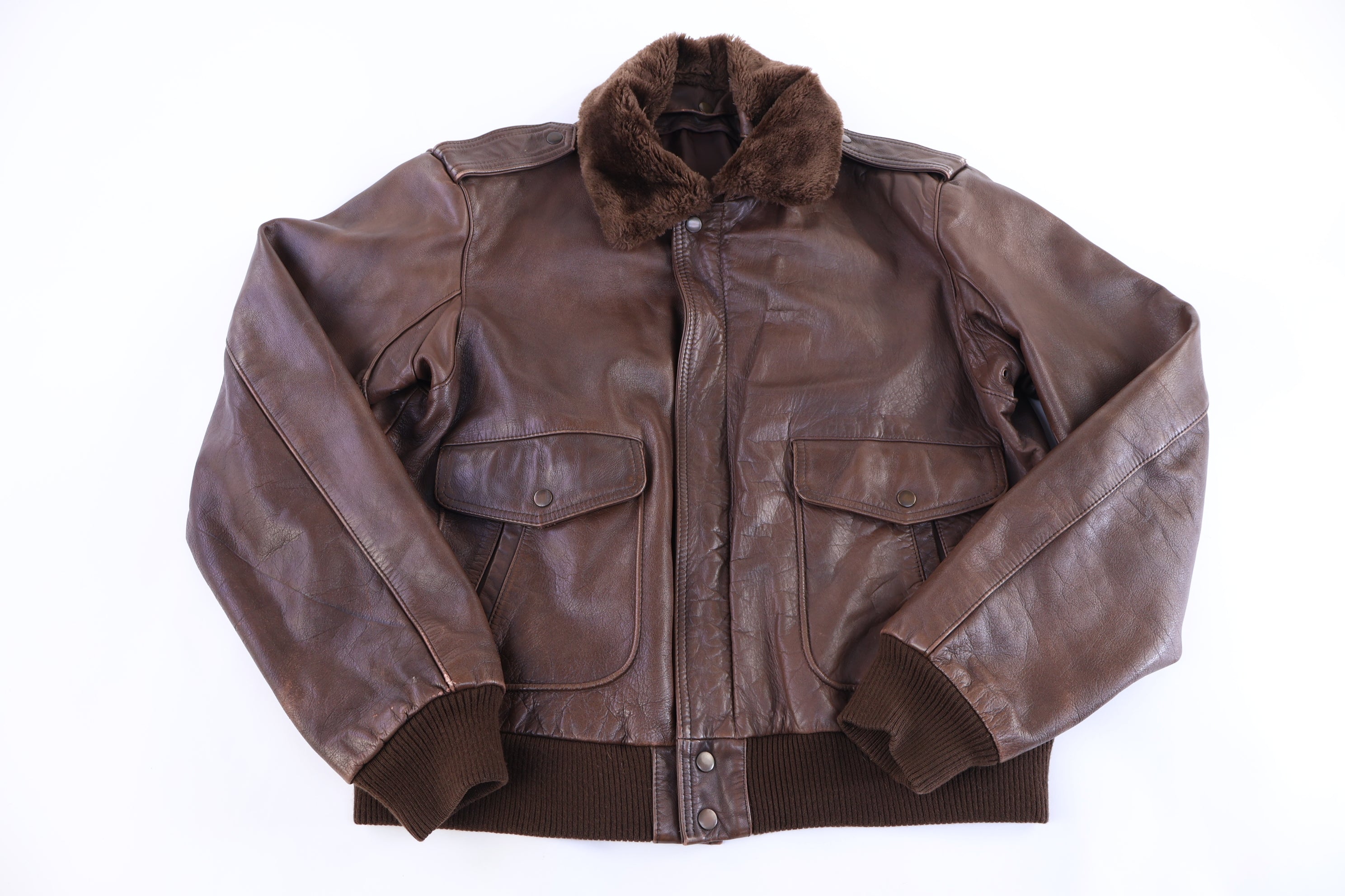 70's Brown Leather Full Zip Bomber Jacket