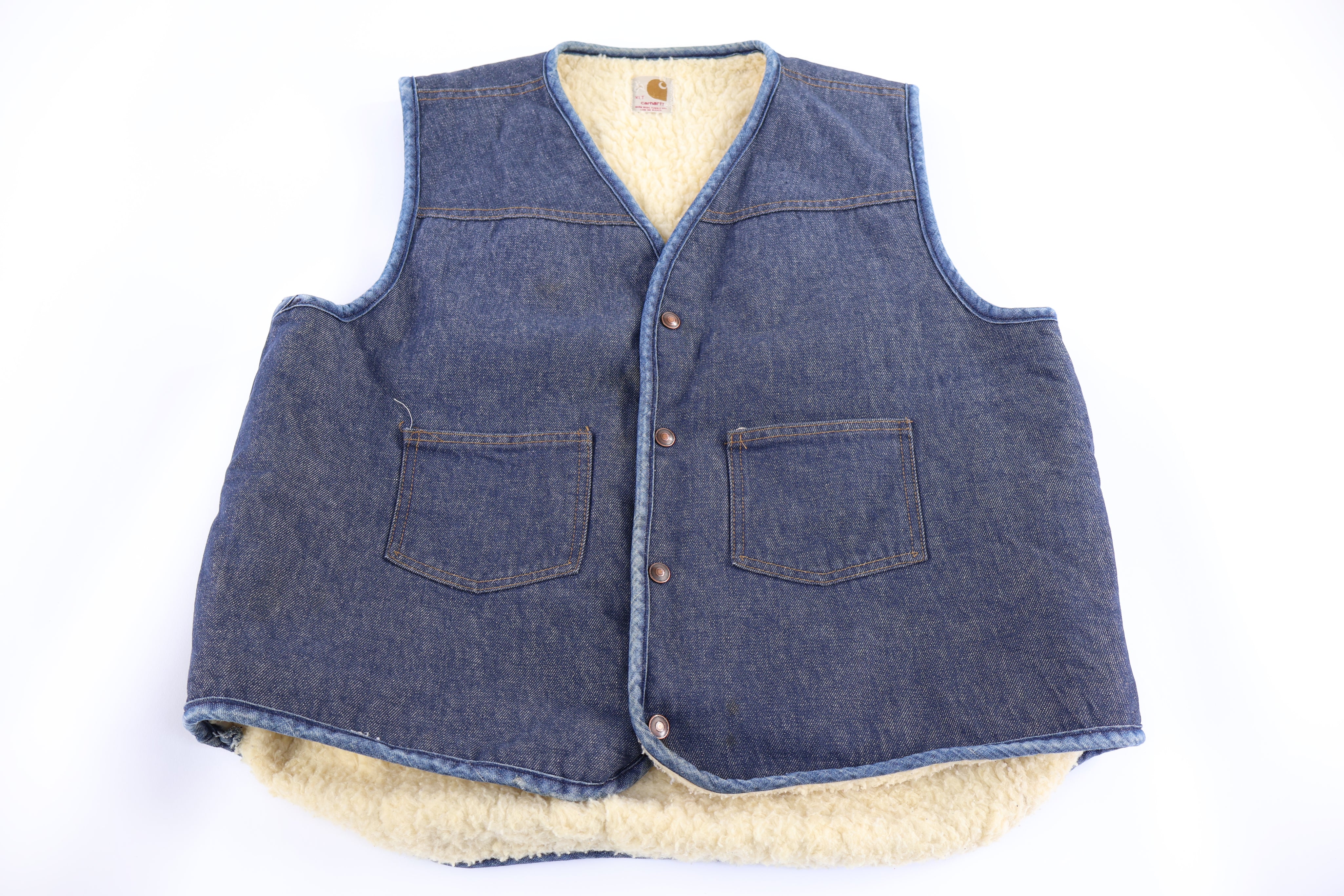 80's Carhartt Sherpa Lined Dark Wash Denim Vest