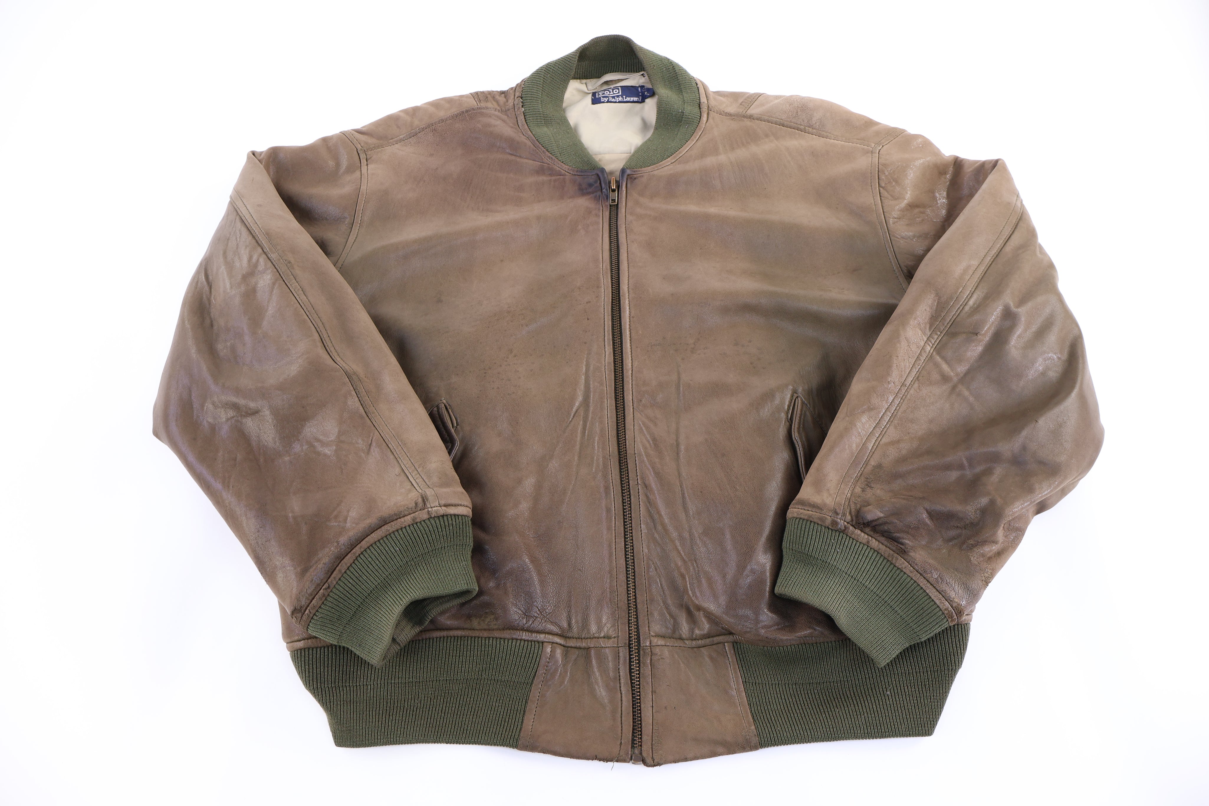 Polo by Ralph Lauren Green Khaki Full Zip Leather Bomber Jacket