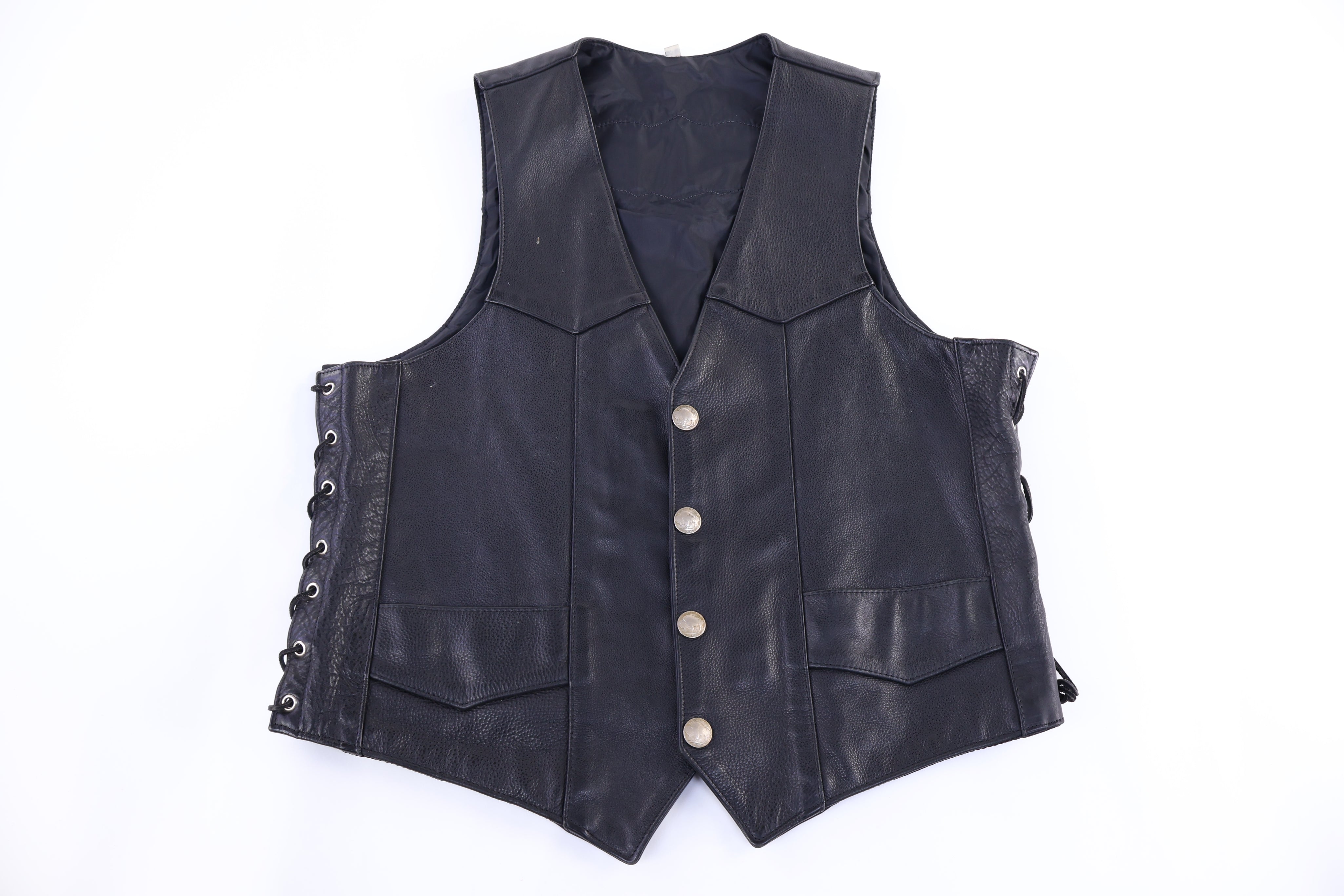 Vintage Buffalo Nickle Button Black Leather Vest