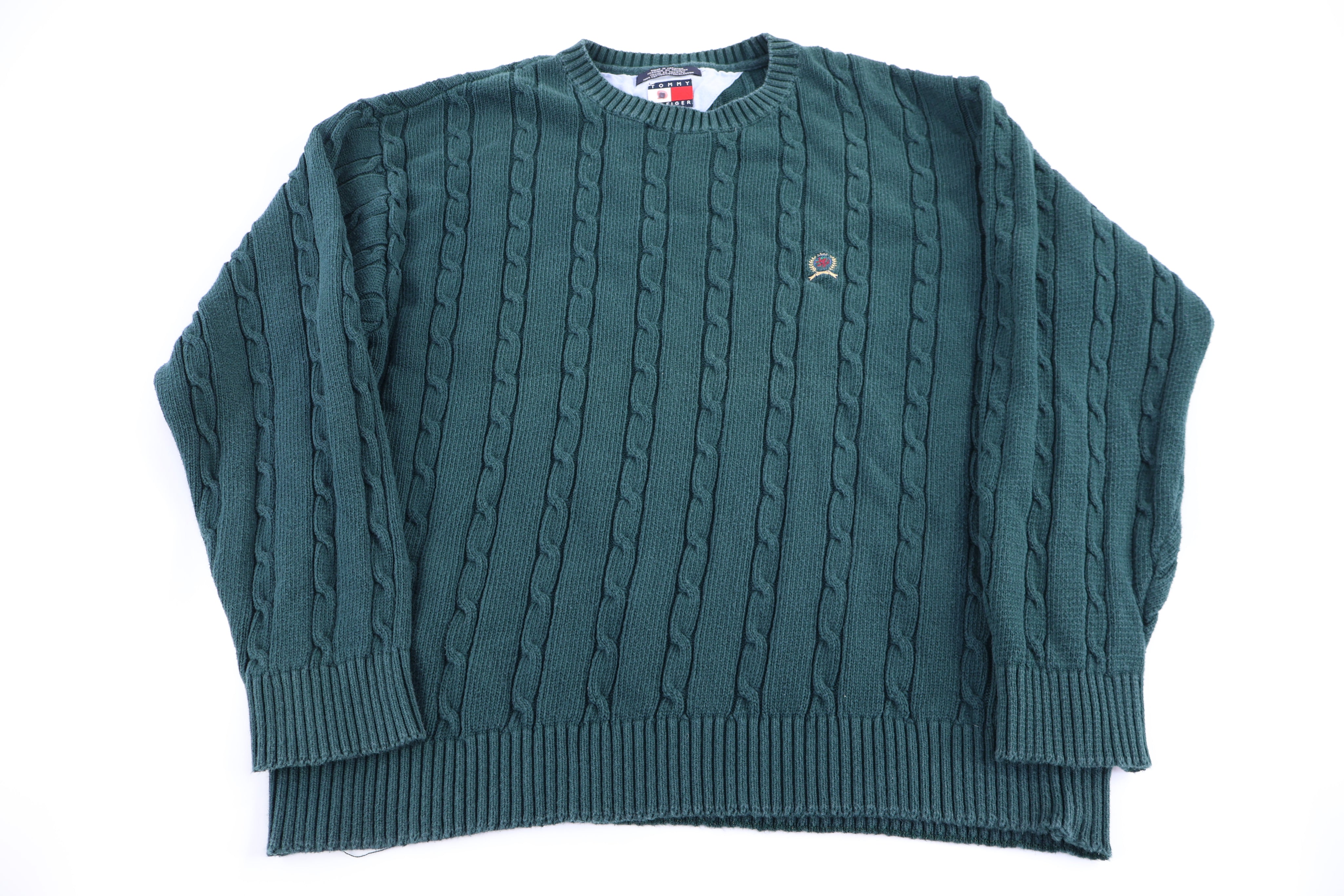 Tommy Hilfiger Embroidered Logo Green Cable Knit Sweater