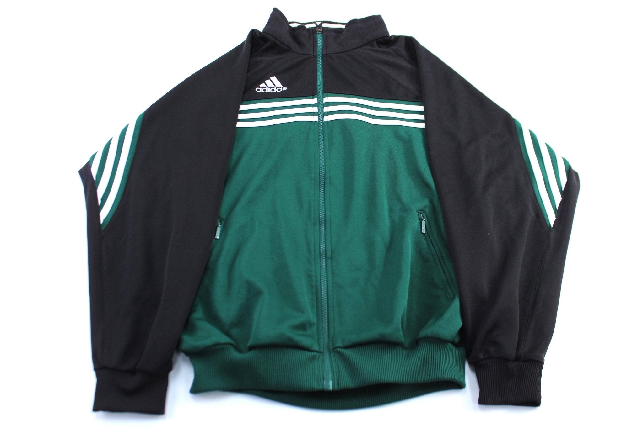 Adidas Embroidered Logo Black, Green, & White Track Jacket - ThriftedThreads.com