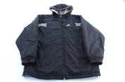 Adidas Embroidered Logo Black & White Striped Hooded Jacket - ThriftedThreads.com
