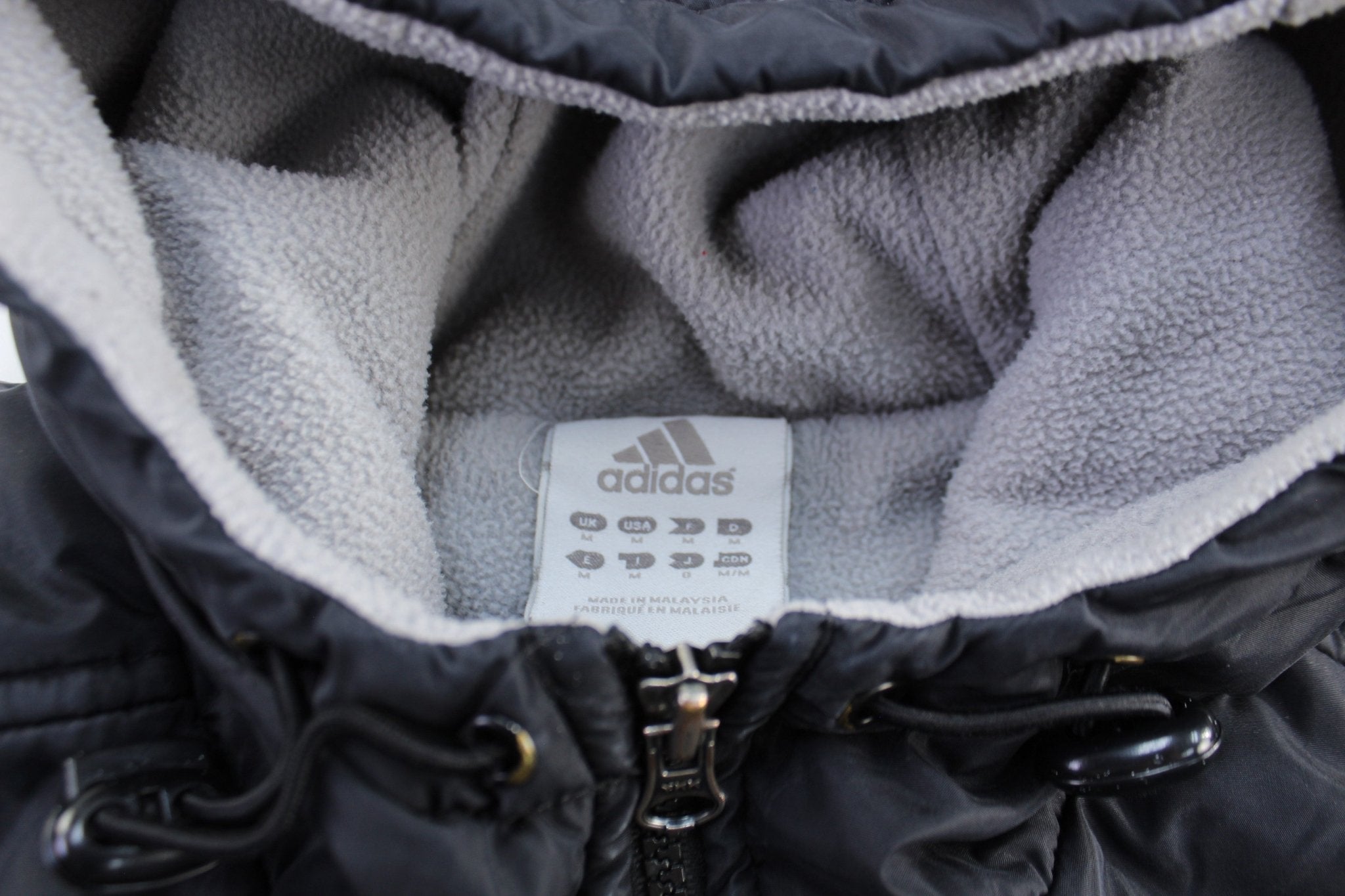 Adidas Embroidered Logo Black & White Striped Hooded Jacket - Jacket - Thrifted Threads
