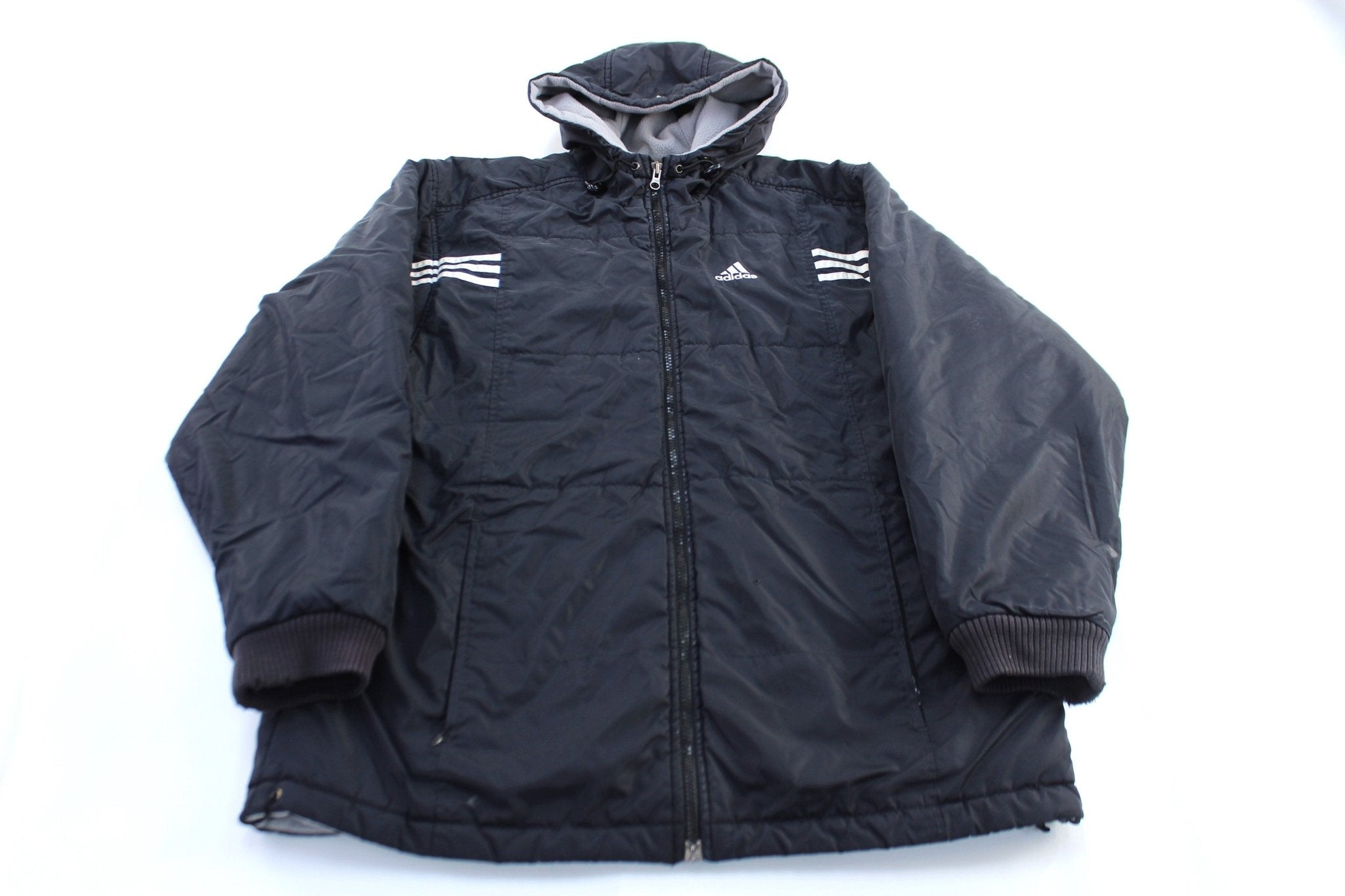 Adidas Embroidered Logo Black & White Striped Hooded Jacket - Jacket - Thrifted Threads
