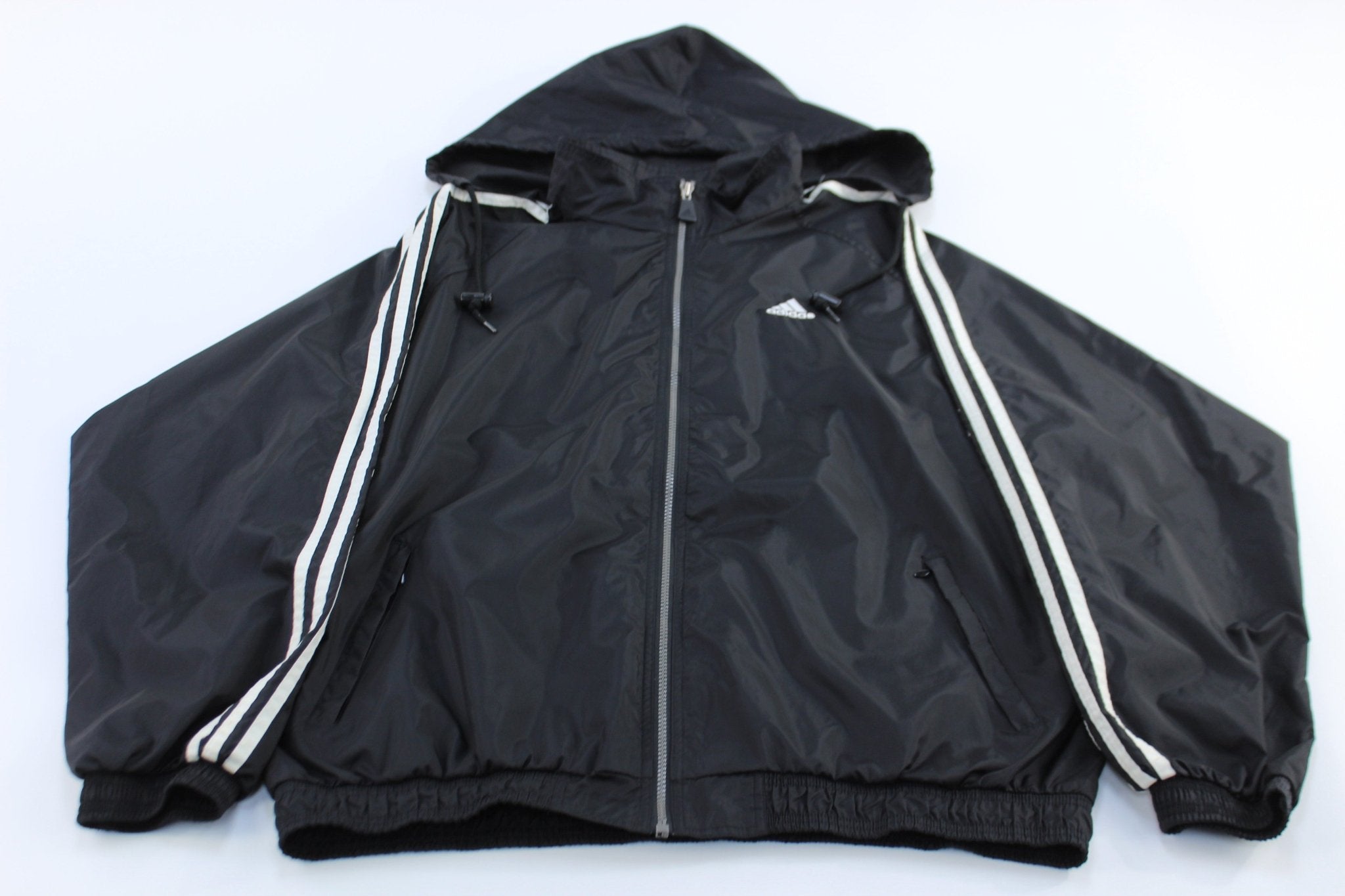 Adidas Embroidered Logo Black & White Striped Zip Up Jacket - ThriftedThreads.com